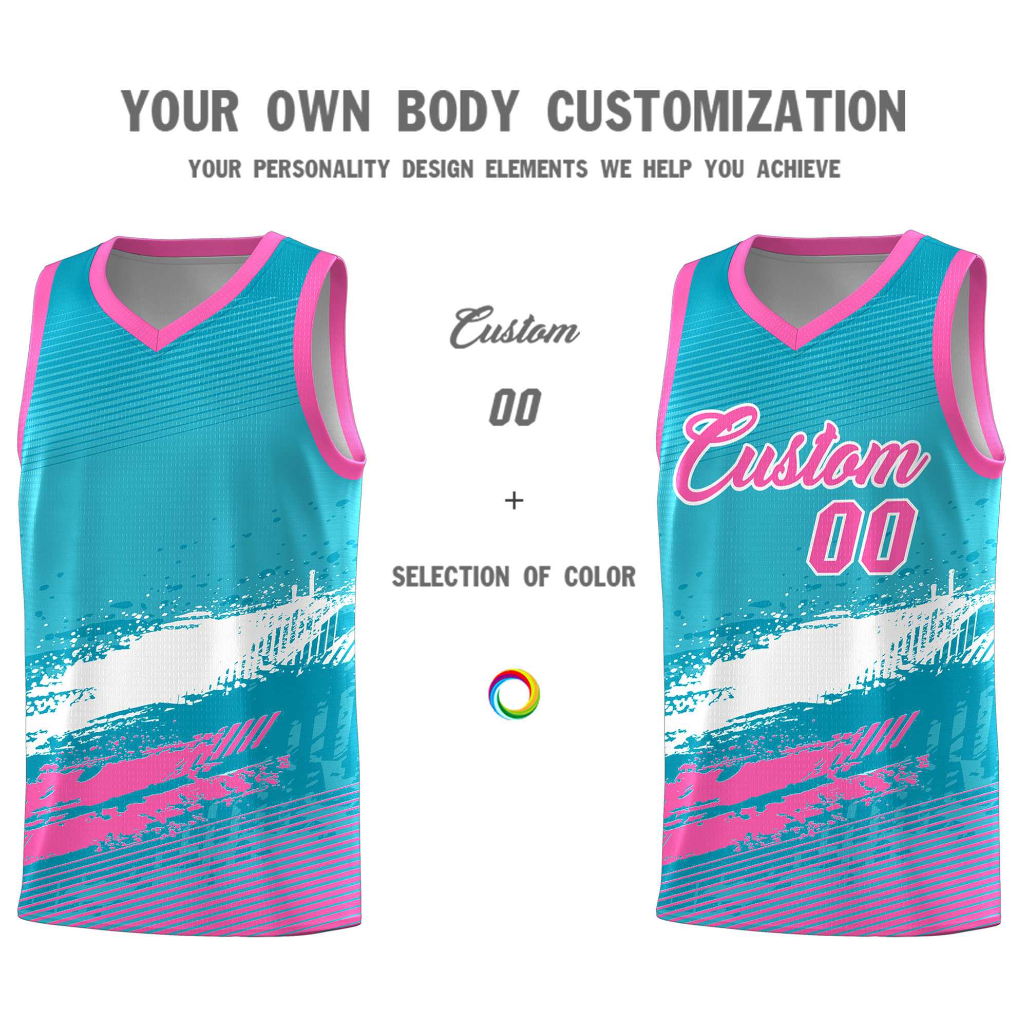 Custom Sky Blue White and Pink Graffiti Pattern Sports Uniform Basketball Jersey