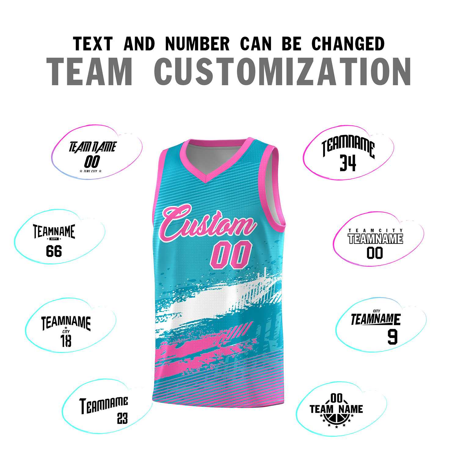 Custom Sky Blue White and Pink Graffiti Pattern Sports Uniform Basketball Jersey