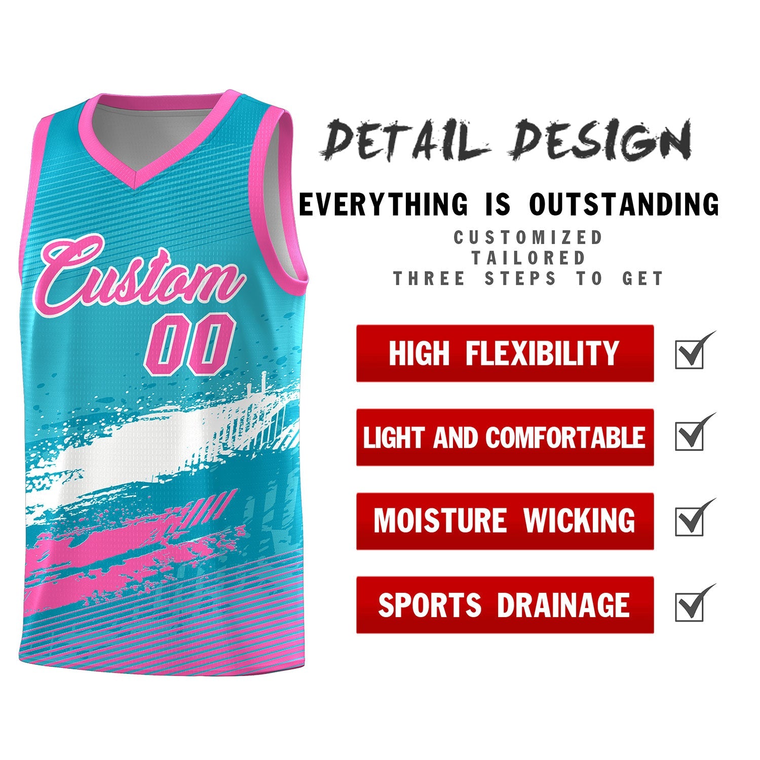 Custom Sky Blue White and Pink Graffiti Pattern Sports Uniform Basketball Jersey