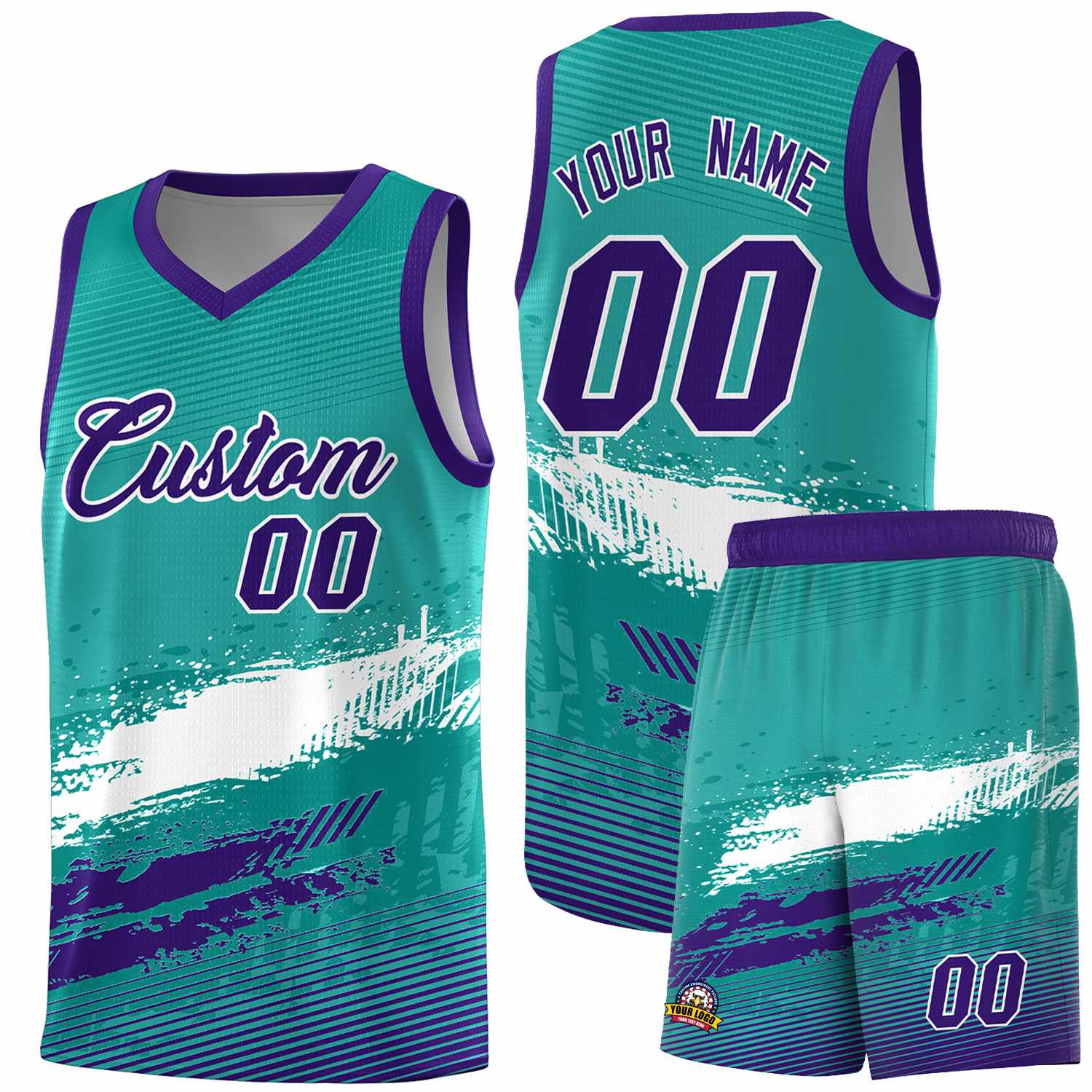 Custom Aqua White and Purple Graffiti Pattern Sports Uniform Basketball Jersey