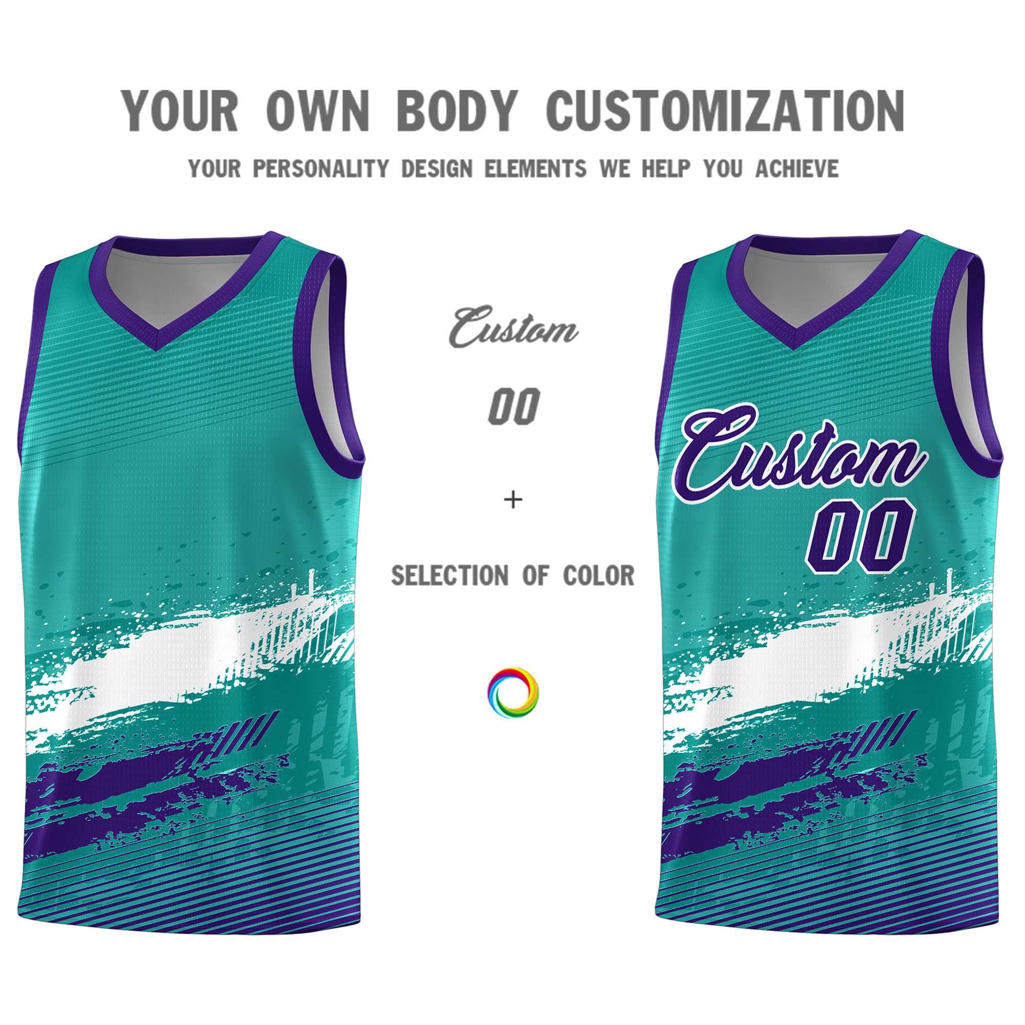 Custom Aqua White and Purple Graffiti Pattern Sports Uniform Basketball Jersey