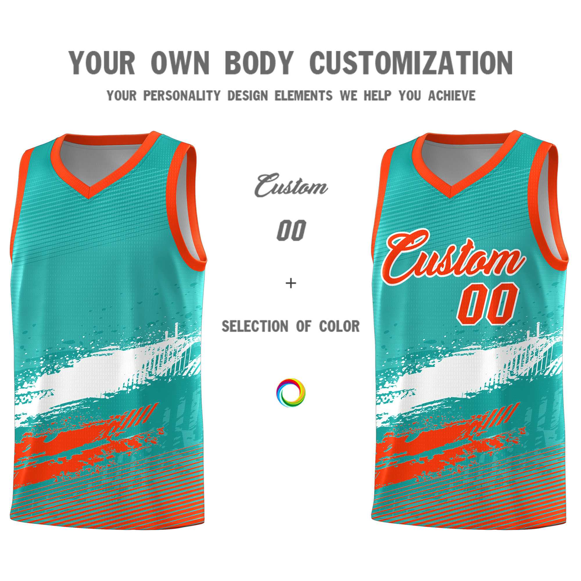 Custom Aqua White and Orange Graffiti Pattern Sports Uniform Basketball Jersey