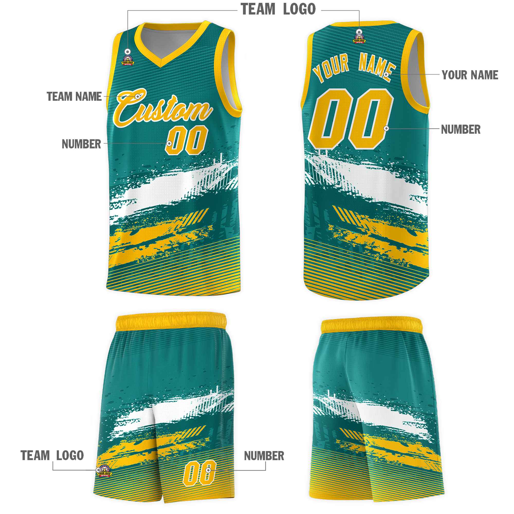 Custom Aqua White and Yellow Graffiti Pattern Sports Uniform Basketball Jersey