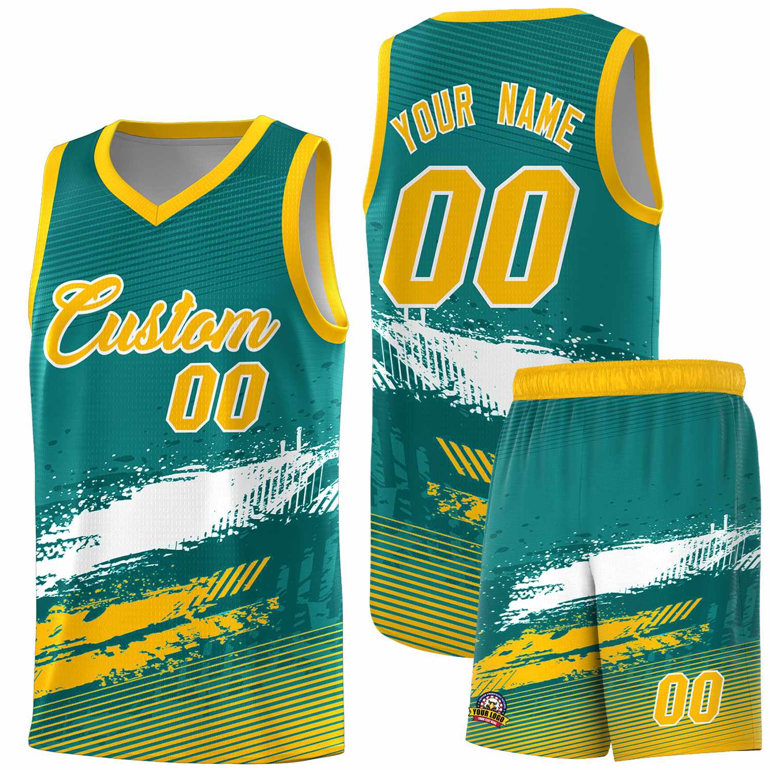 Custom Aqua White and Yellow Graffiti Pattern Sports Uniform Basketball Jersey