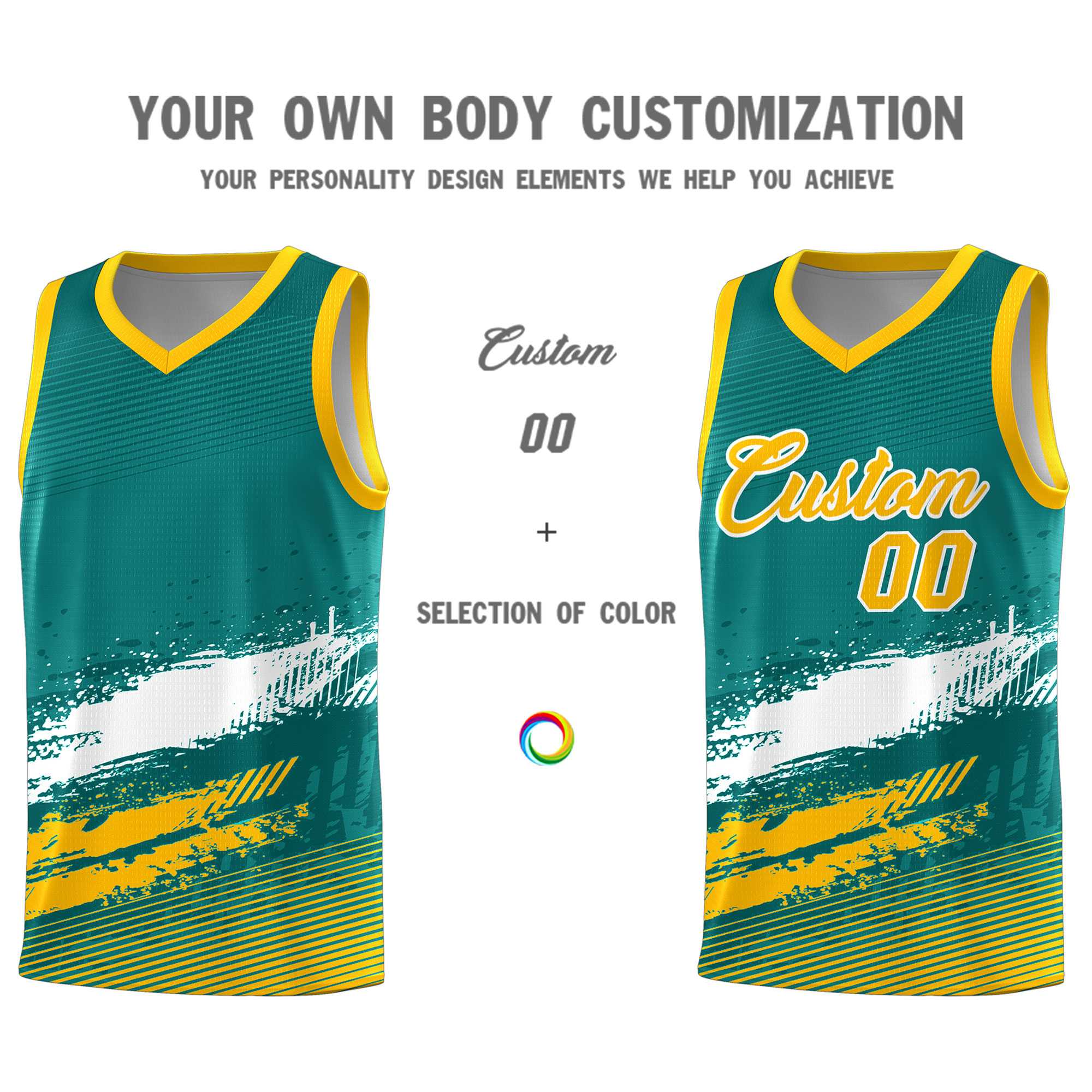 Custom Aqua White and Yellow Graffiti Pattern Sports Uniform Basketball Jersey