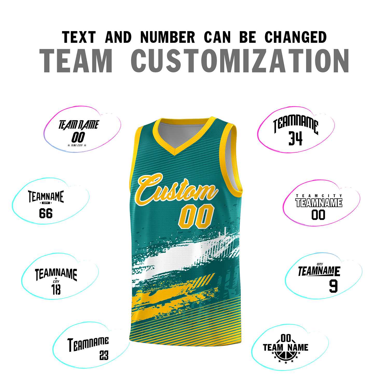 Custom Aqua White and Yellow Graffiti Pattern Sports Uniform Basketball Jersey