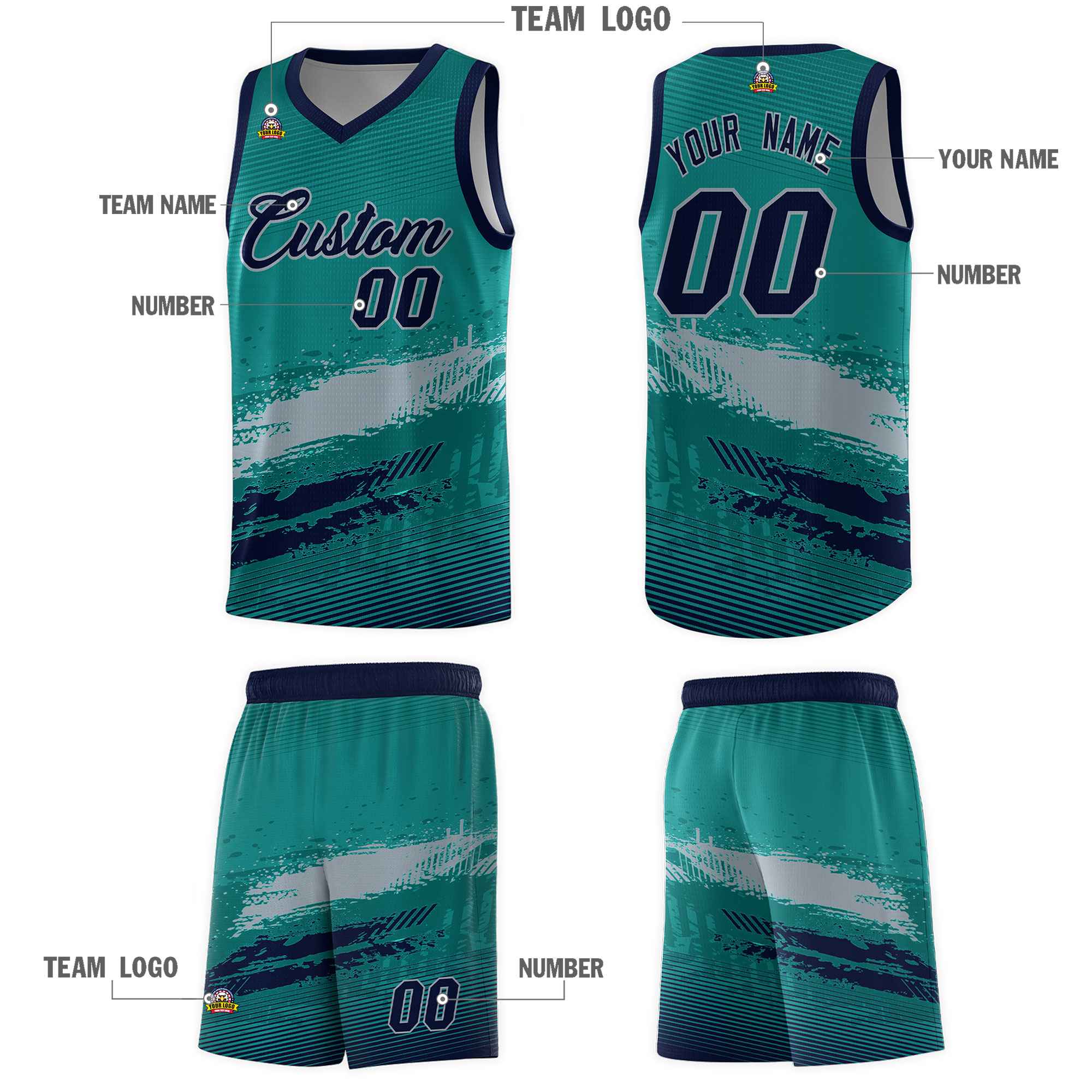 Custom Aqua Gray and Navy Graffiti Pattern Sports Uniform Basketball Jersey