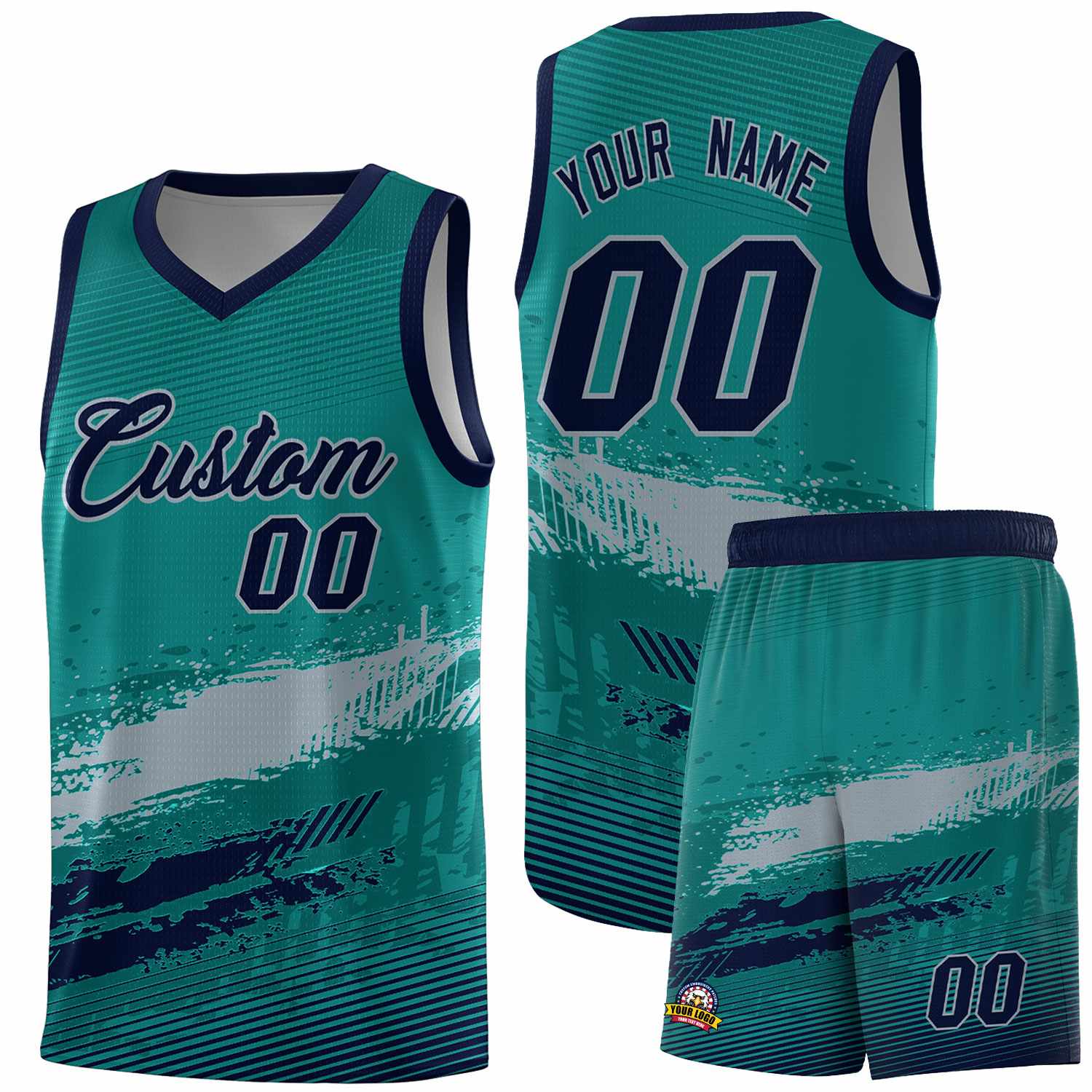 Custom Aqua Gray and Navy Graffiti Pattern Sports Uniform Basketball Jersey