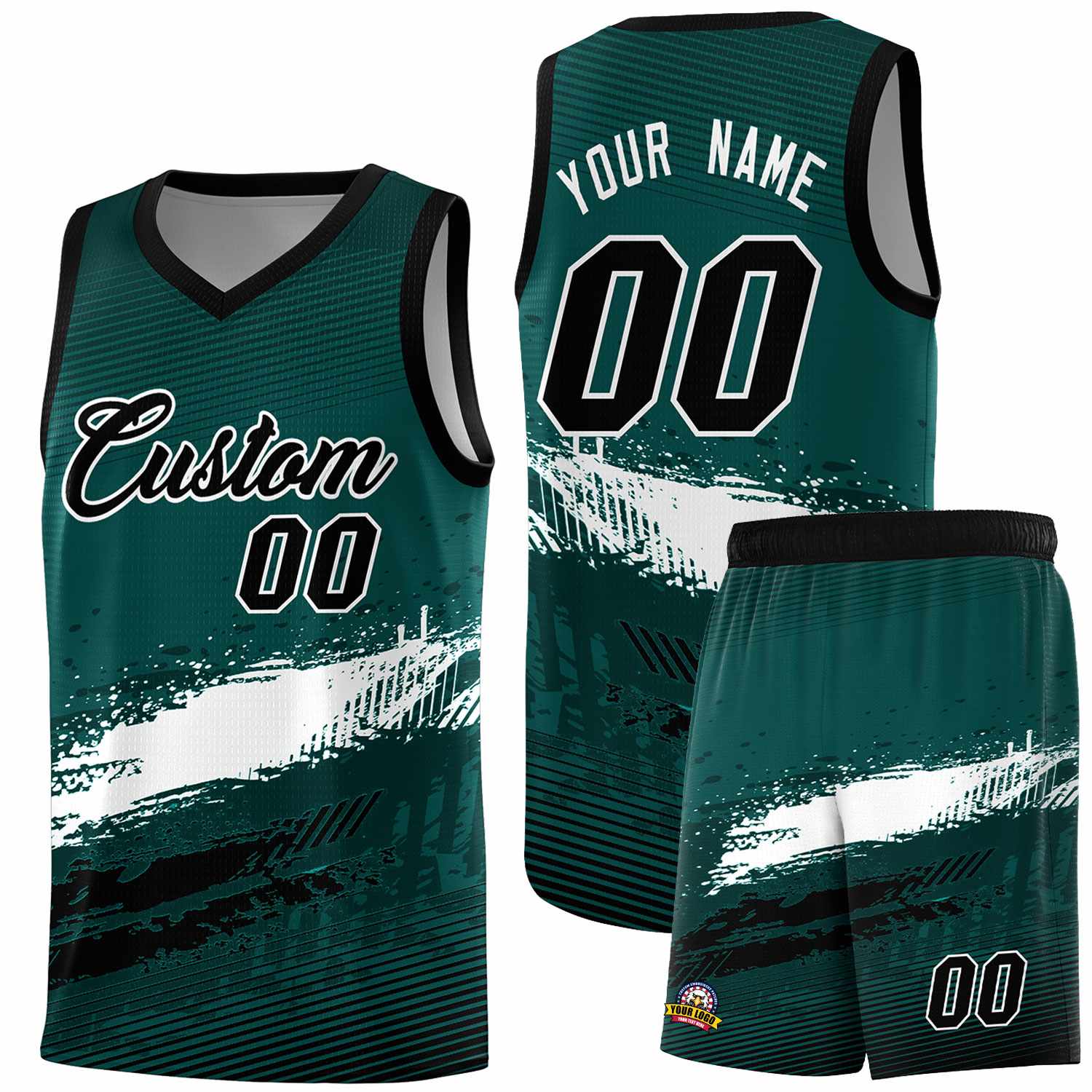 Custom Midnight Green White and Black Graffiti Pattern Sports Uniform Basketball Jersey