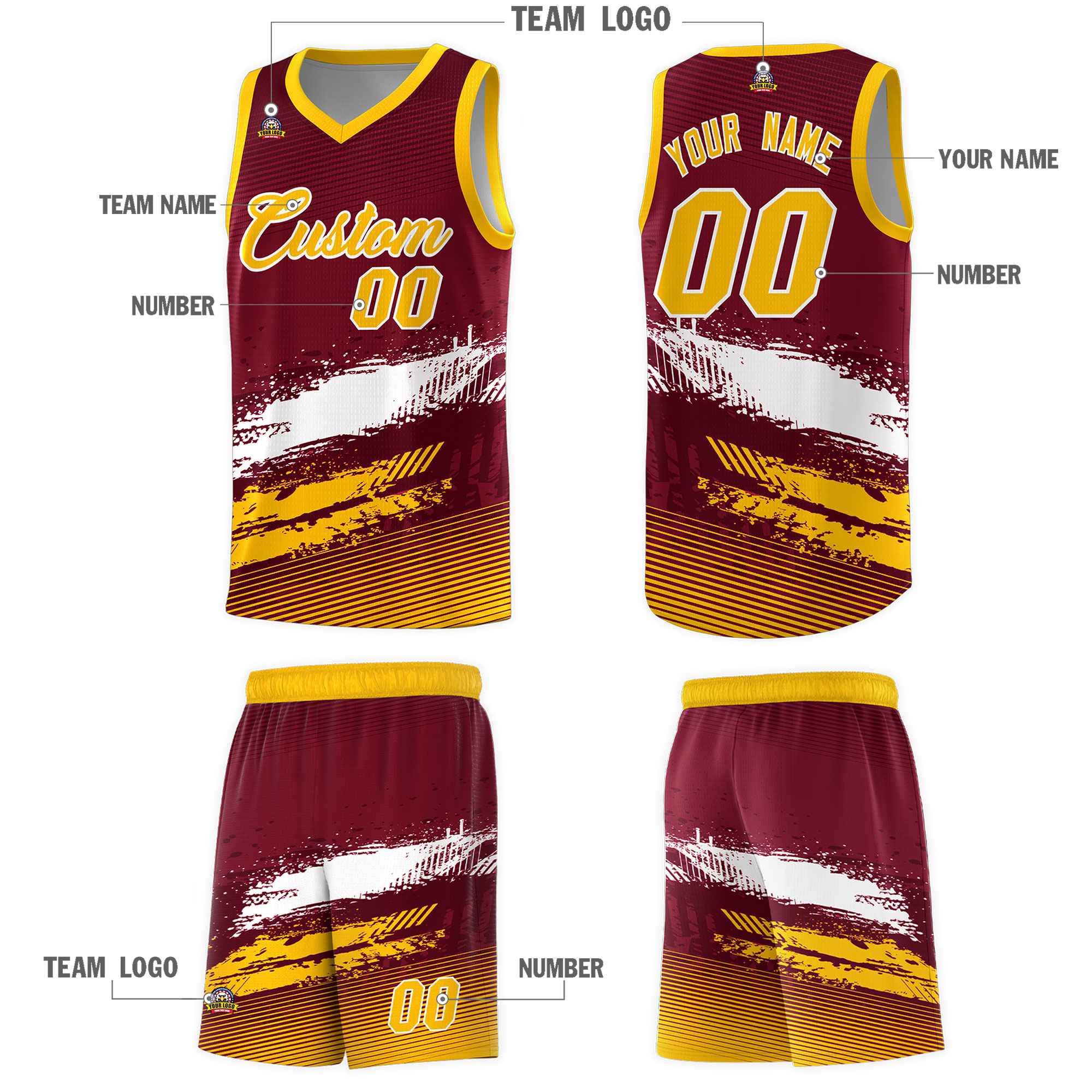 Custom Crimson White and Yellow Graffiti Pattern Sports Uniform Basketball Jersey