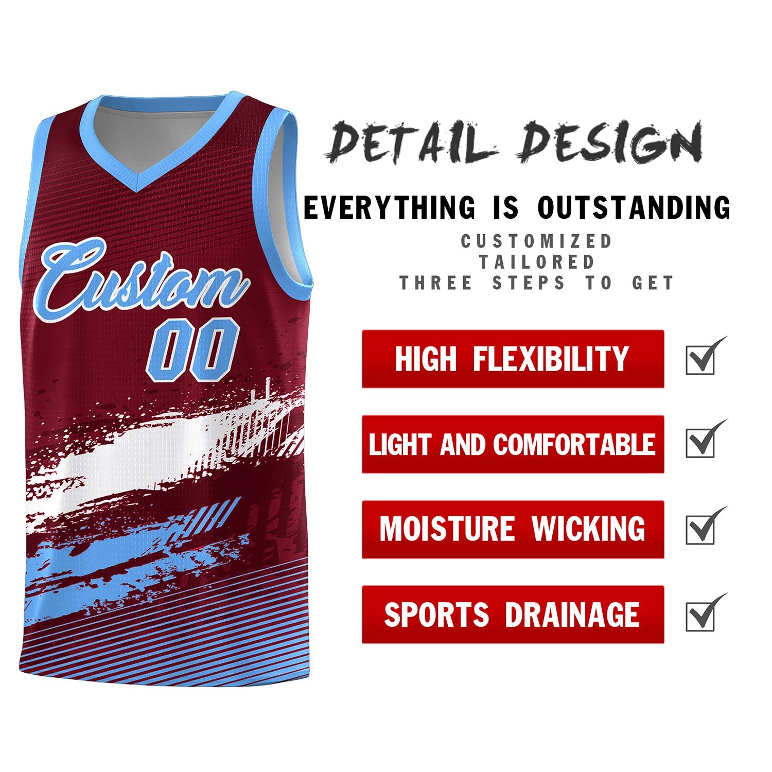 Custom Crimson White and Powder Blue Graffiti Pattern Sports Uniform Basketball Jersey