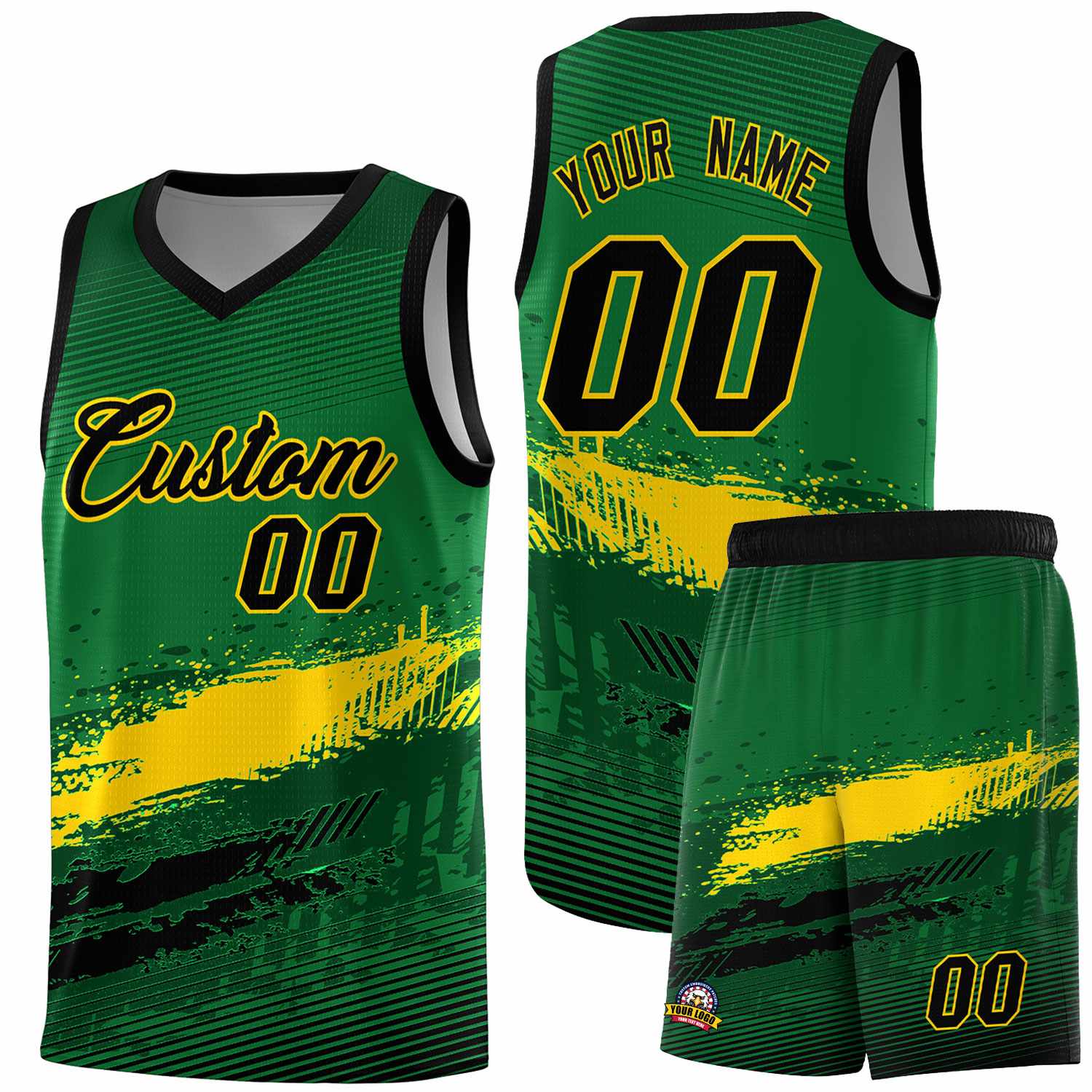 Custom Kelly Green Gold and Black Graffiti Pattern Sports Uniform Basketball Jersey