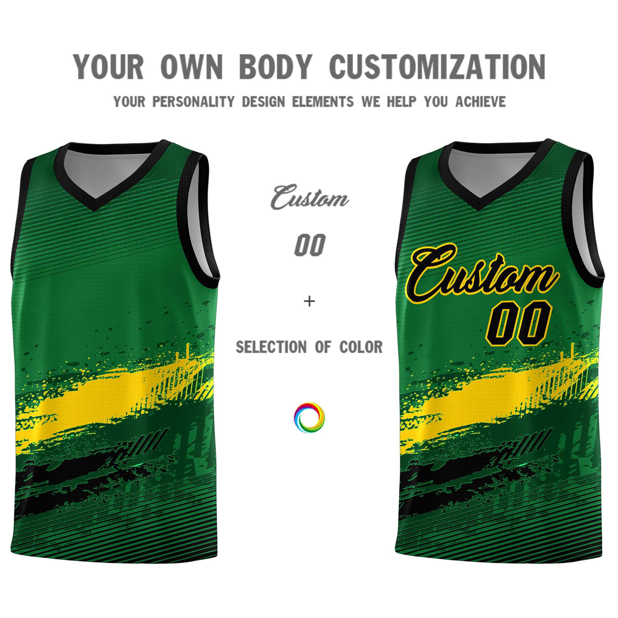 Custom Kelly Green Gold and Black Graffiti Pattern Sports Uniform Basketball Jersey