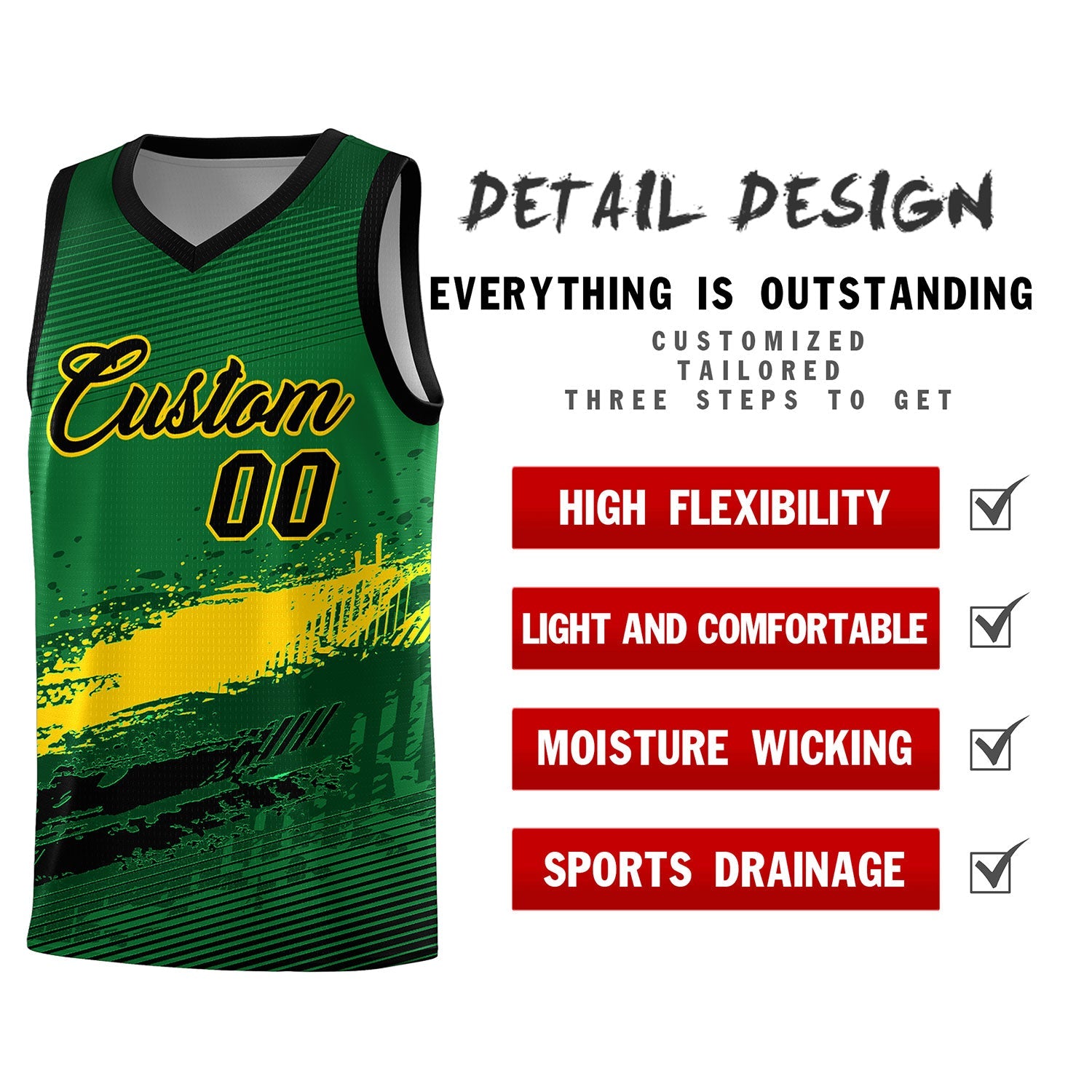 Custom Kelly Green Gold and Black Graffiti Pattern Sports Uniform Basketball Jersey