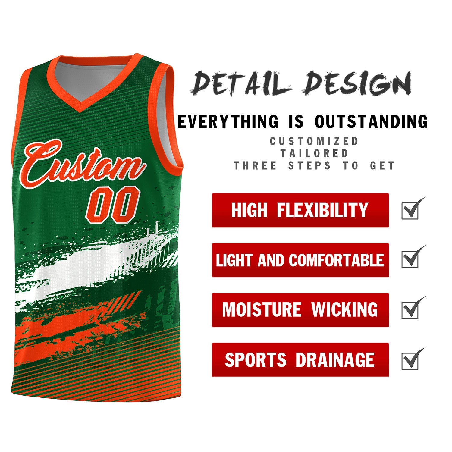 Custom Kelly Green White and Orange Graffiti Pattern Sports Uniform Basketball Jersey