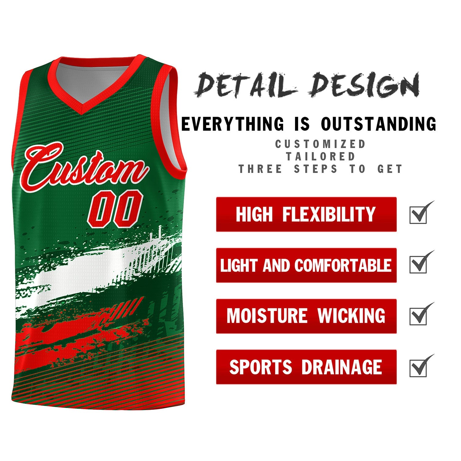 Custom Kelly Green White and Red Graffiti Pattern Sports Uniform Basketball Jersey