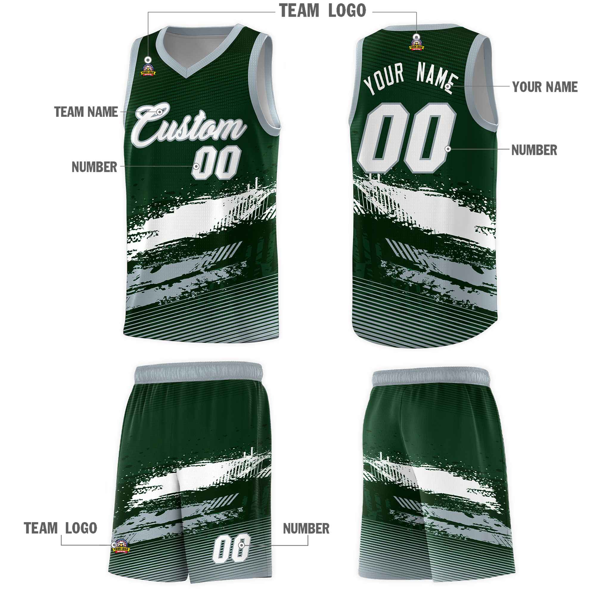 Custom Green White and Gray Graffiti Pattern Sports Uniform Basketball Jersey