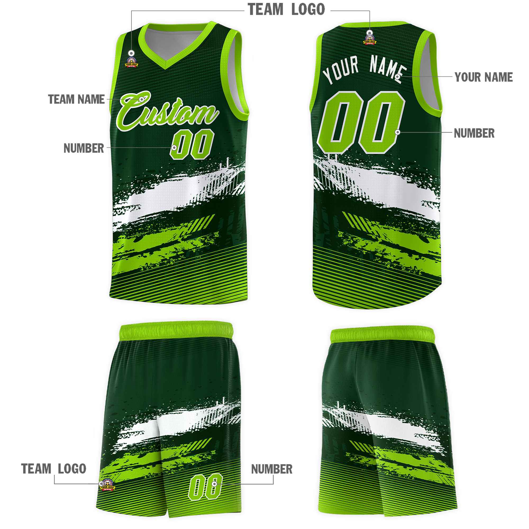 Custom Green White and Neon Green Graffiti Pattern Sports Uniform Basketball Jersey