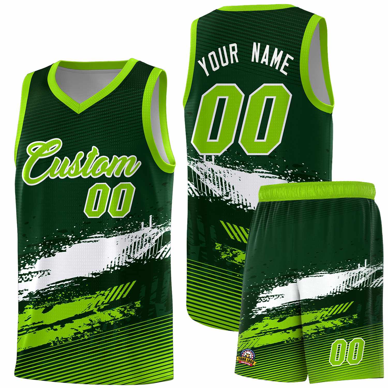 Custom Green White and Neon Green Graffiti Pattern Sports Uniform Basketball Jersey