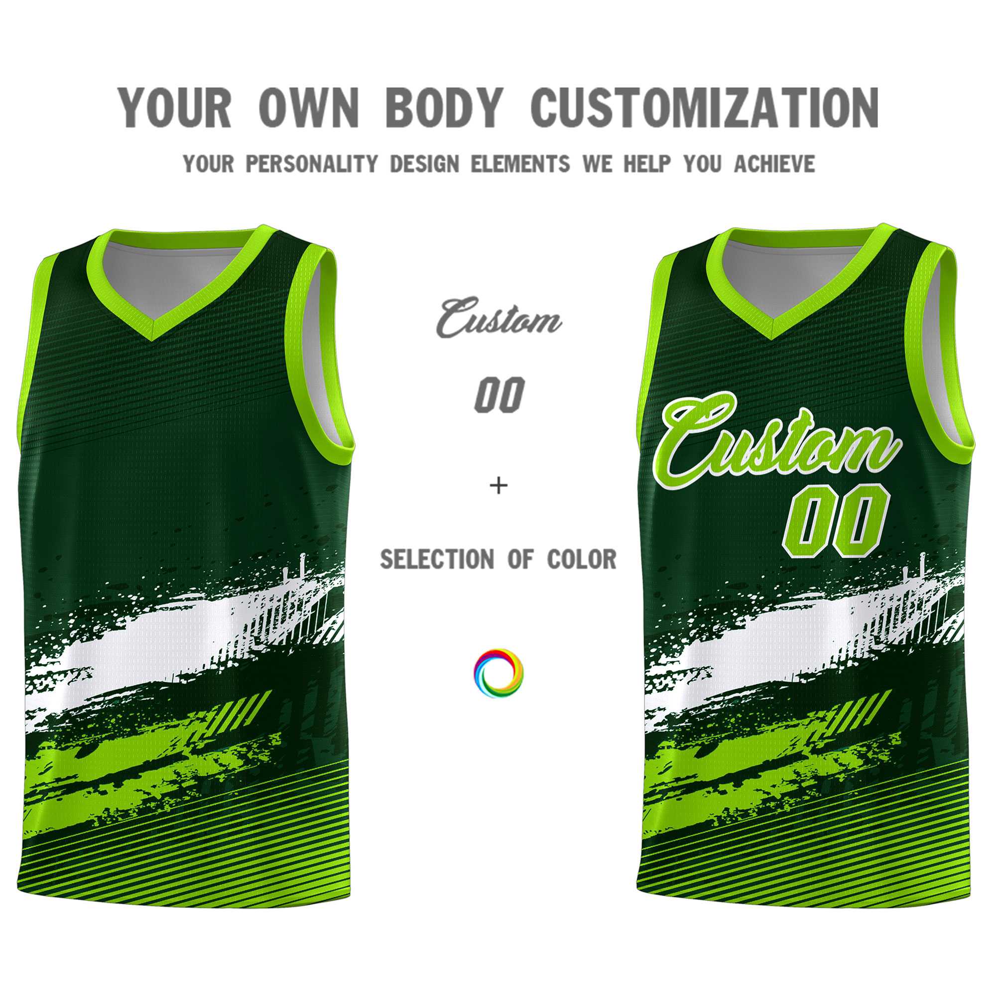 Custom Green White and Neon Green Graffiti Pattern Sports Uniform Basketball Jersey