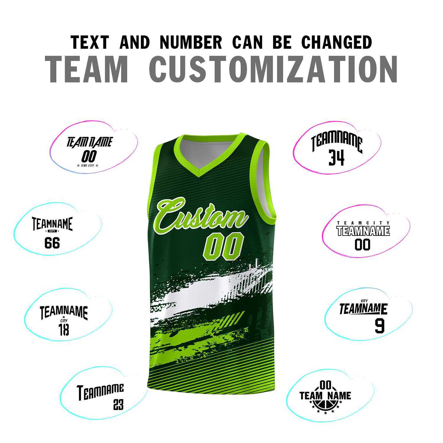 Custom Green White and Neon Green Graffiti Pattern Sports Uniform Basketball Jersey