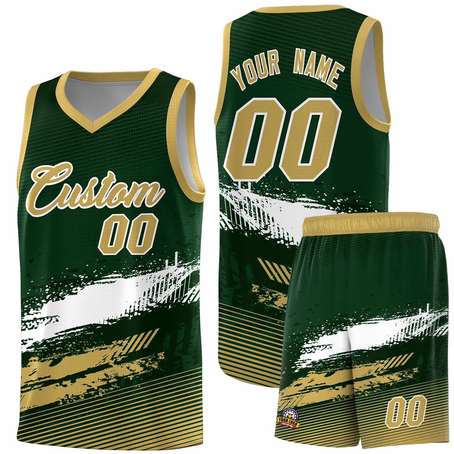 Custom Green White and Khaki Graffiti Pattern Sports Uniform Basketball Jersey