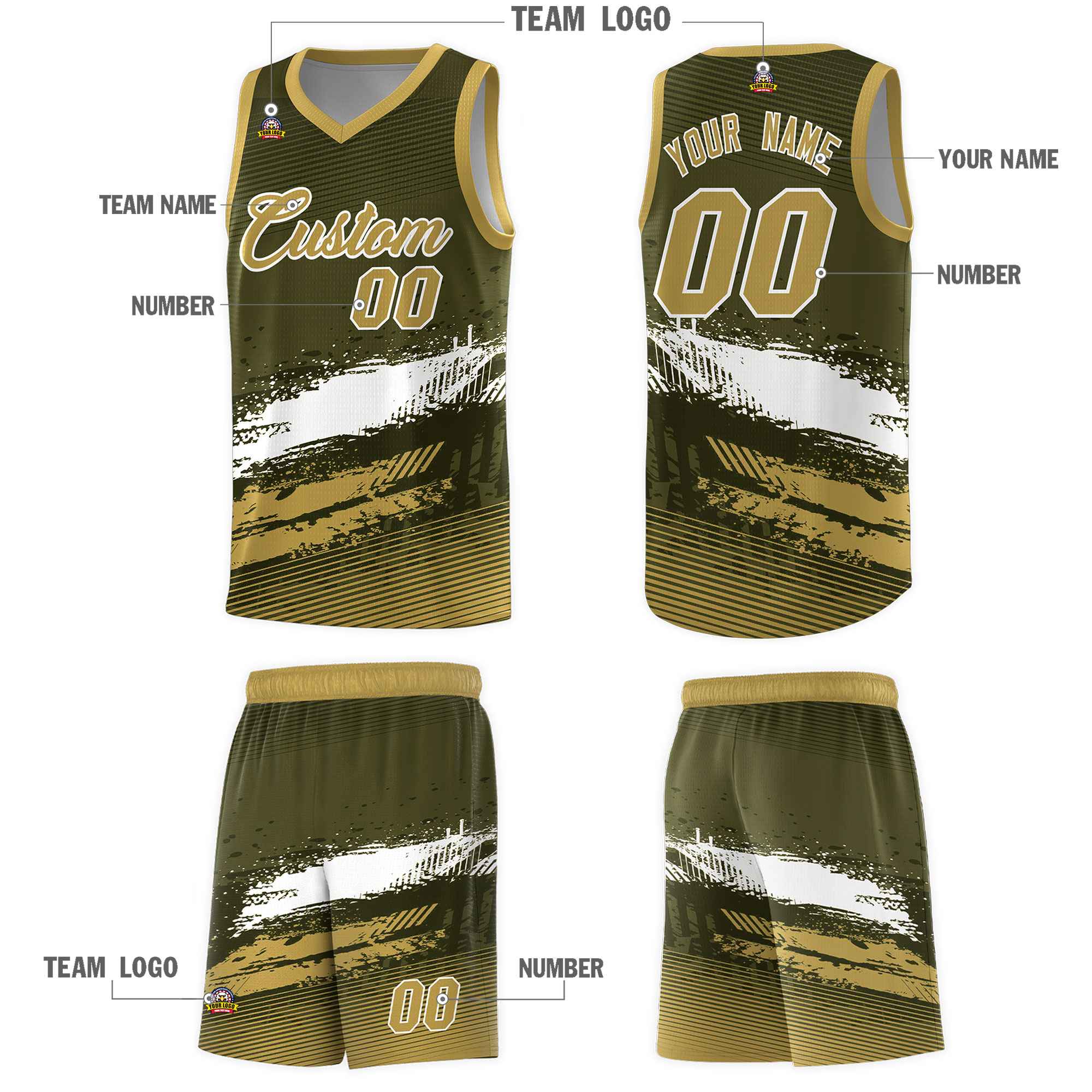 Custom Olive White and Khaki Graffiti Pattern Sports Uniform Basketball Jersey