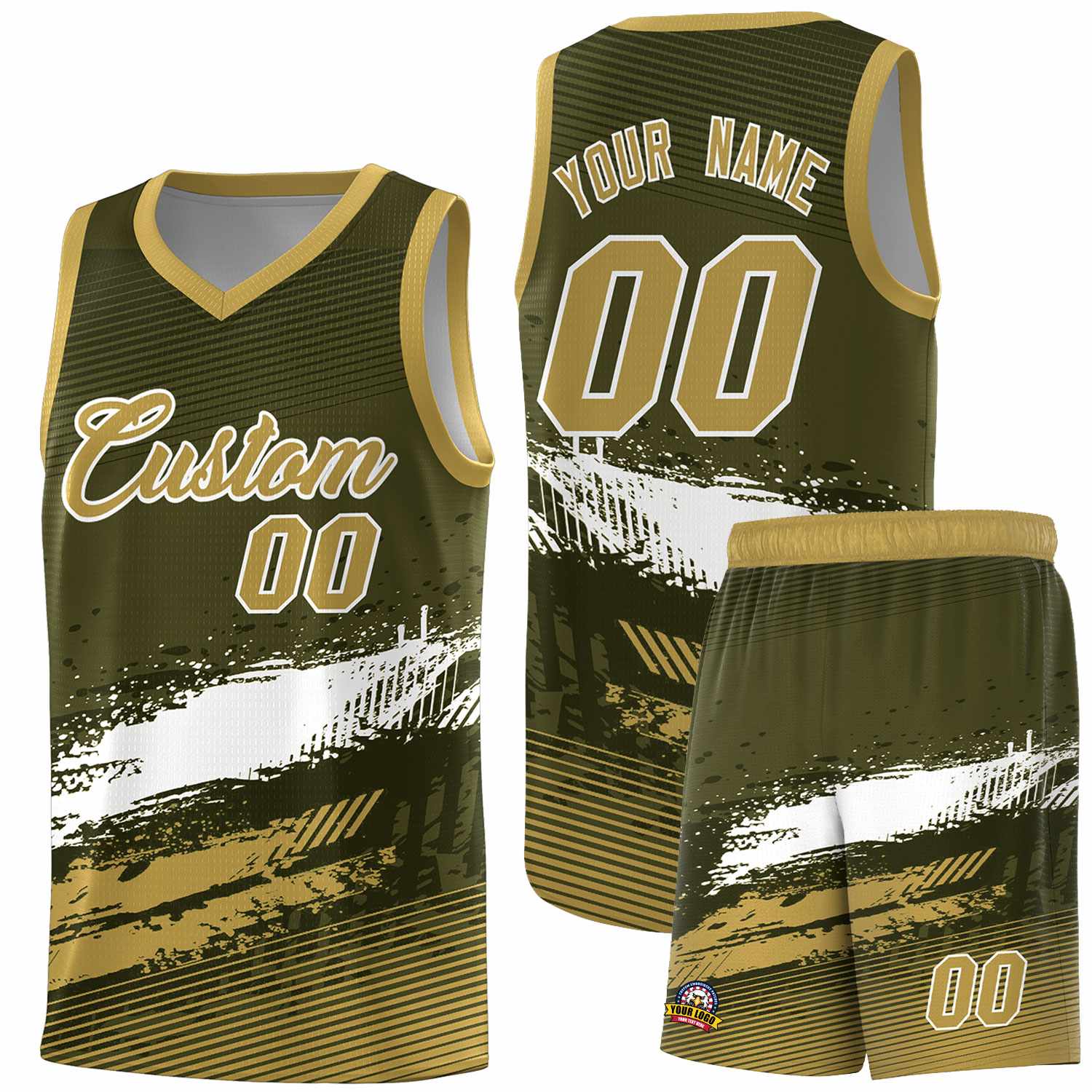 Custom Olive White and Khaki Graffiti Pattern Sports Uniform Basketball Jersey