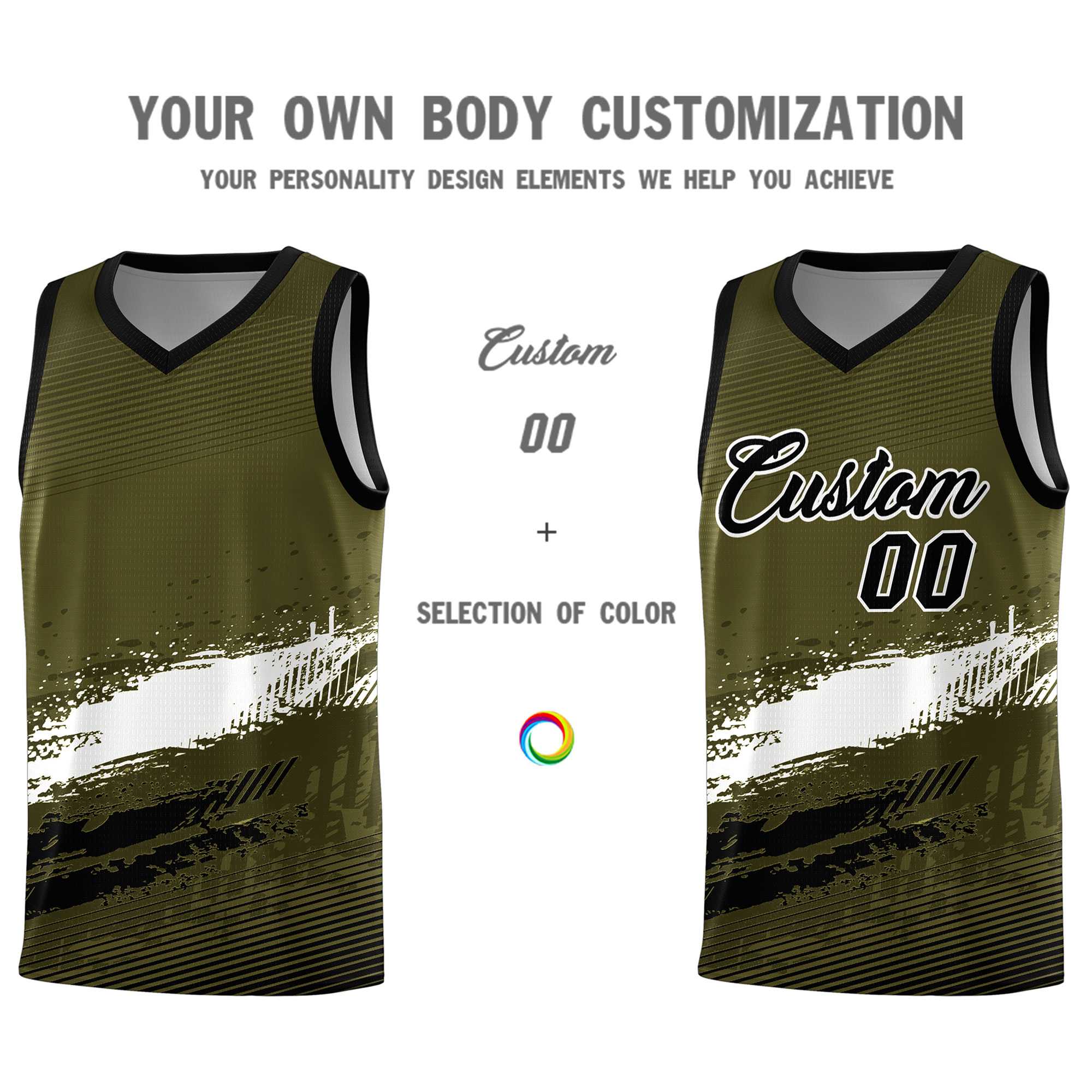 Custom Olive White and Black Graffiti Pattern Sports Uniform Basketball Jersey