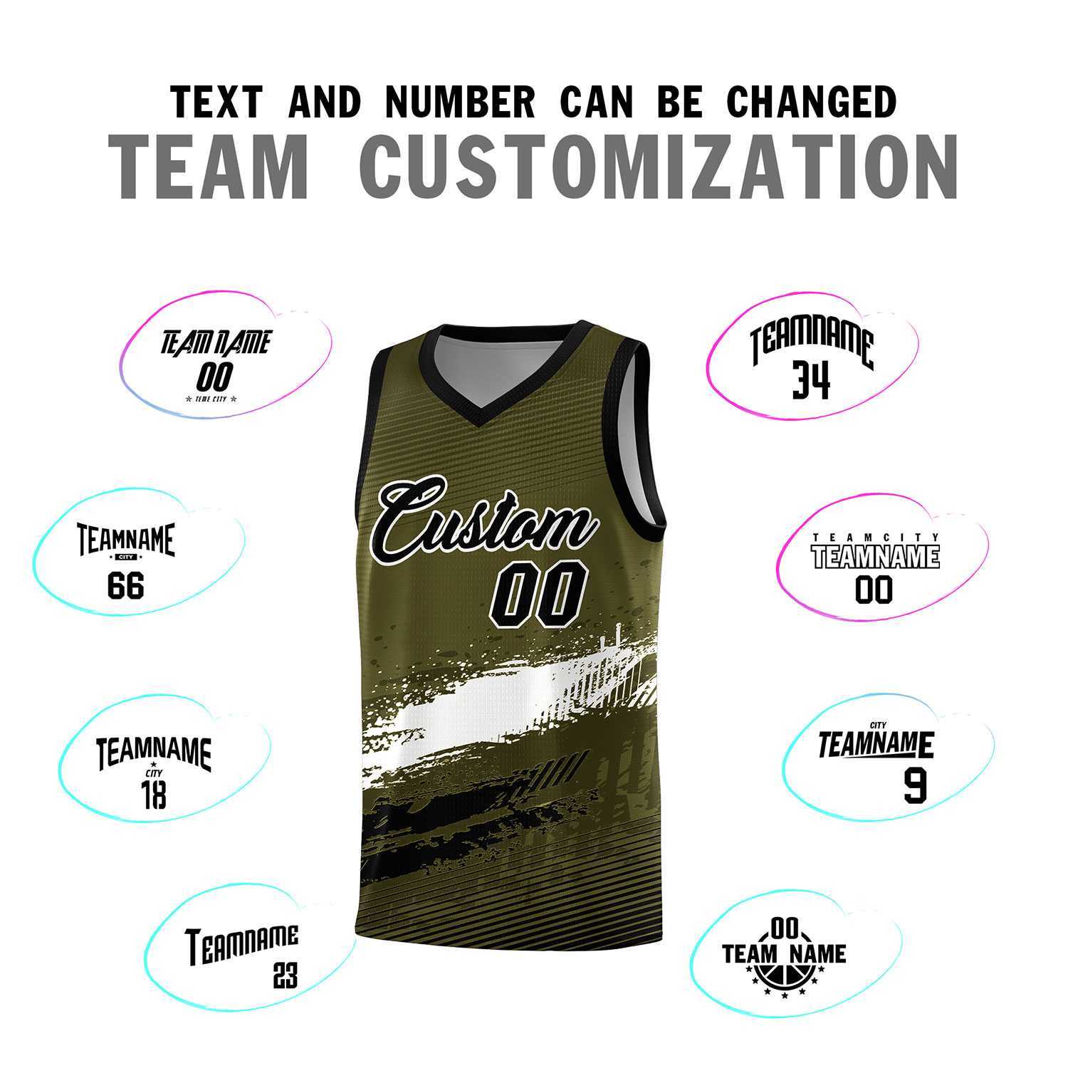 Custom Olive White and Black Graffiti Pattern Sports Uniform Basketball Jersey