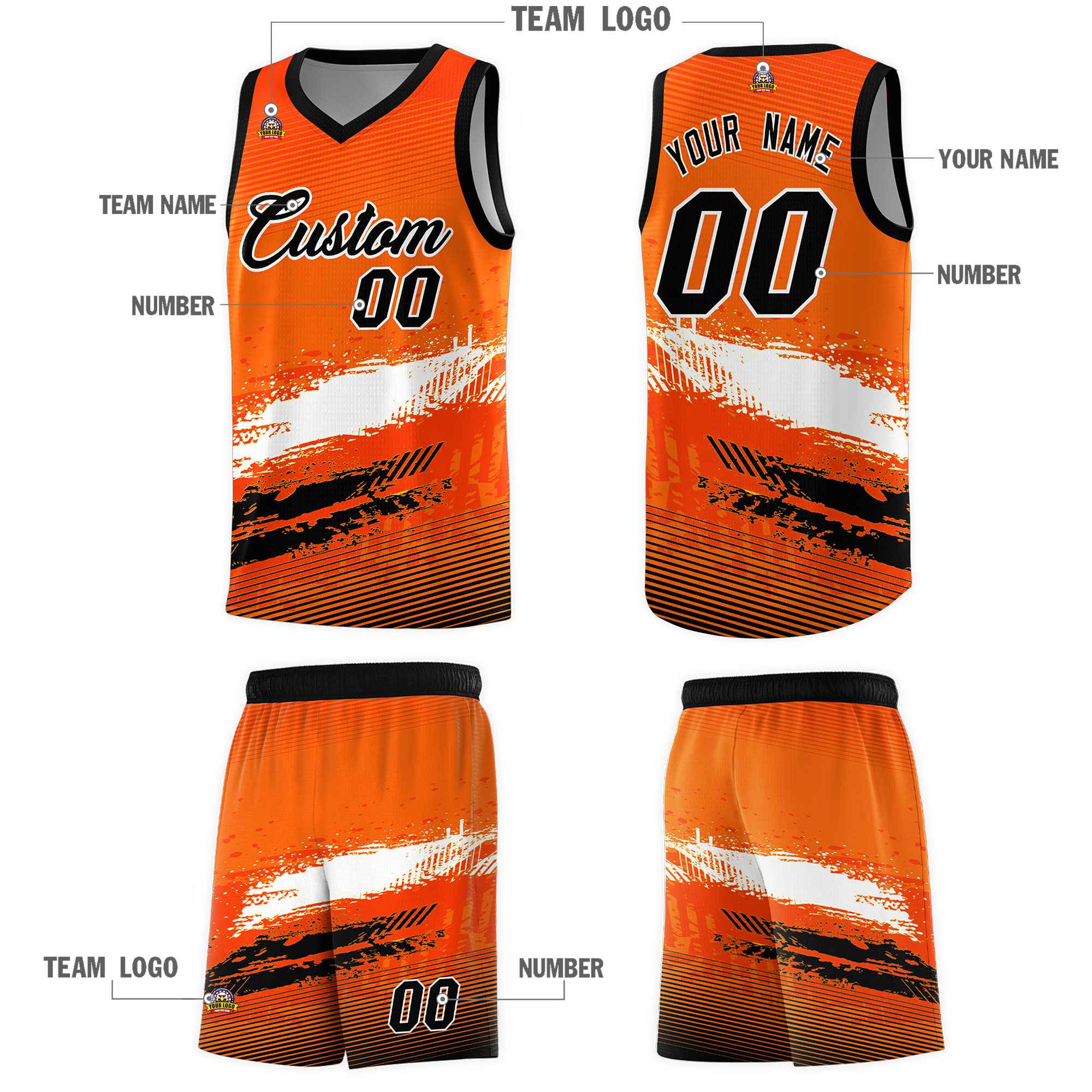 Custom Orange White and Black Graffiti Pattern Sports Uniform Basketball Jersey