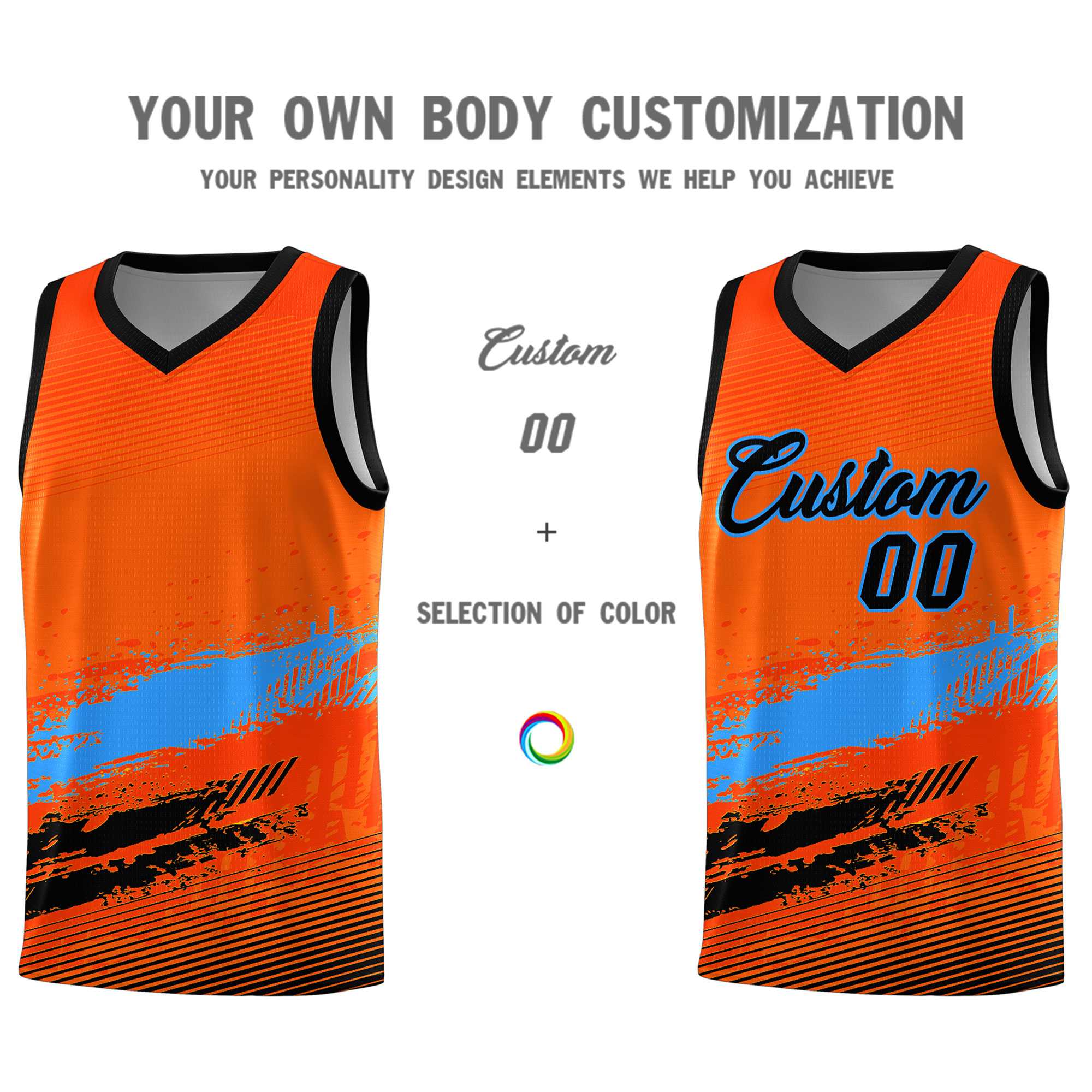 Custom Orange Powder Blue and Black Graffiti Pattern Sports Uniform Basketball Jersey