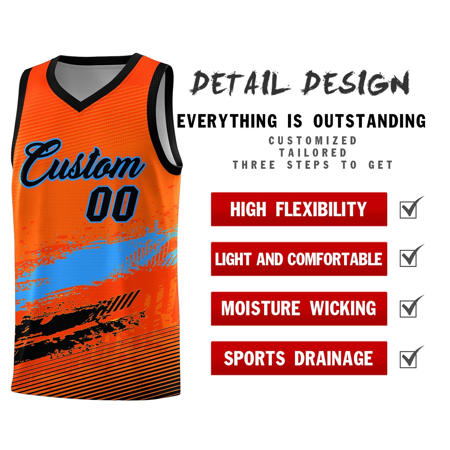 Custom Orange Powder Blue and Black Graffiti Pattern Sports Uniform Basketball Jersey