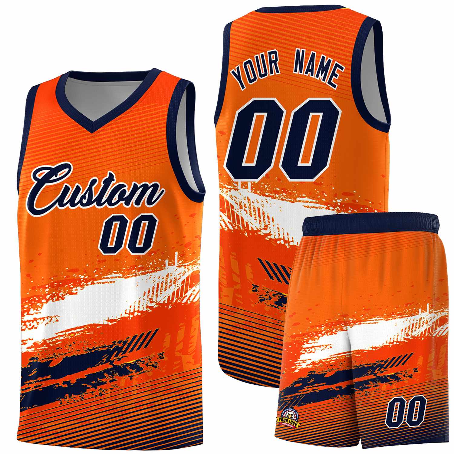 Custom Orange White and Navy Graffiti Pattern Sports Uniform Basketball Jersey