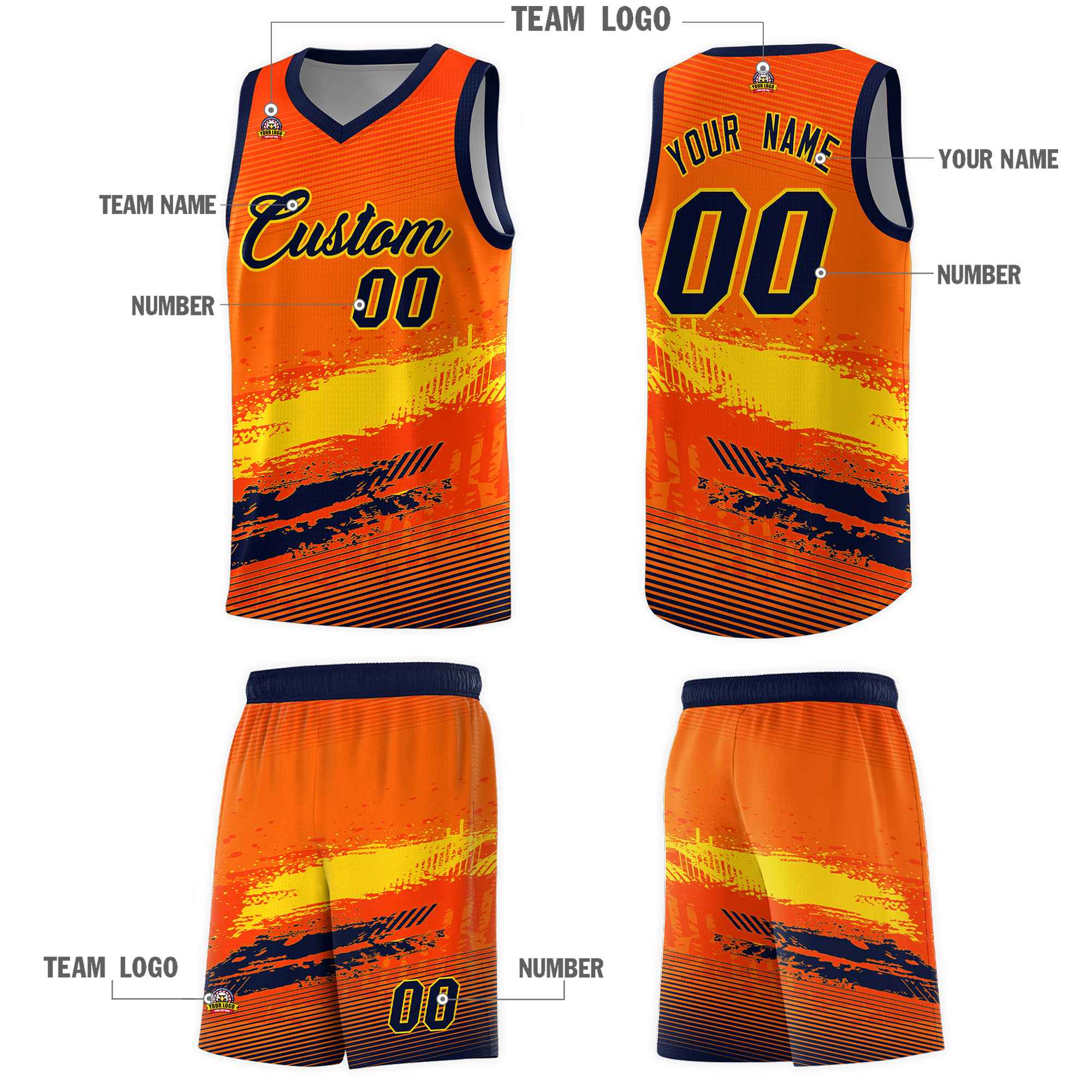 Custom Orange Gold and Navy Graffiti Pattern Sports Uniform Basketball Jersey