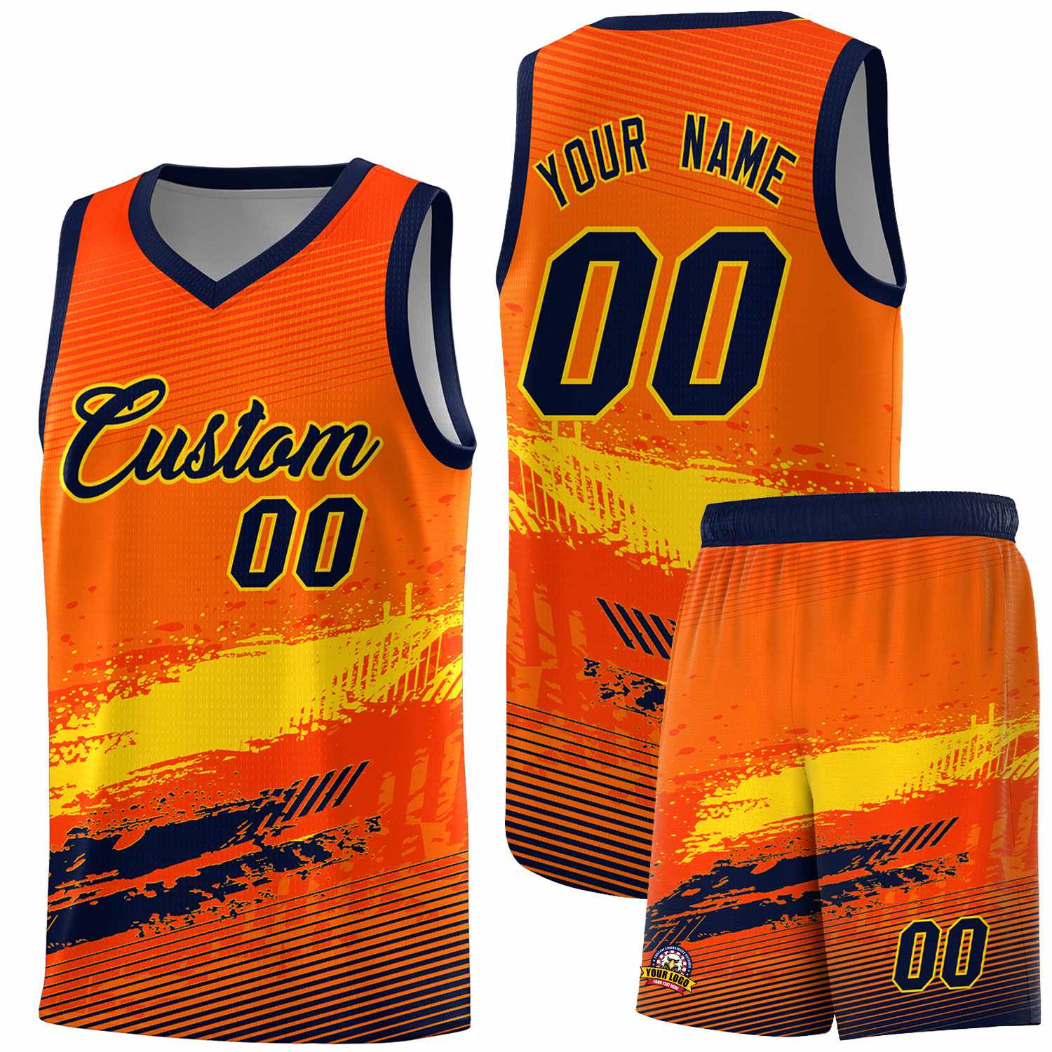 Custom Orange Gold and Navy Graffiti Pattern Sports Uniform Basketball Jersey