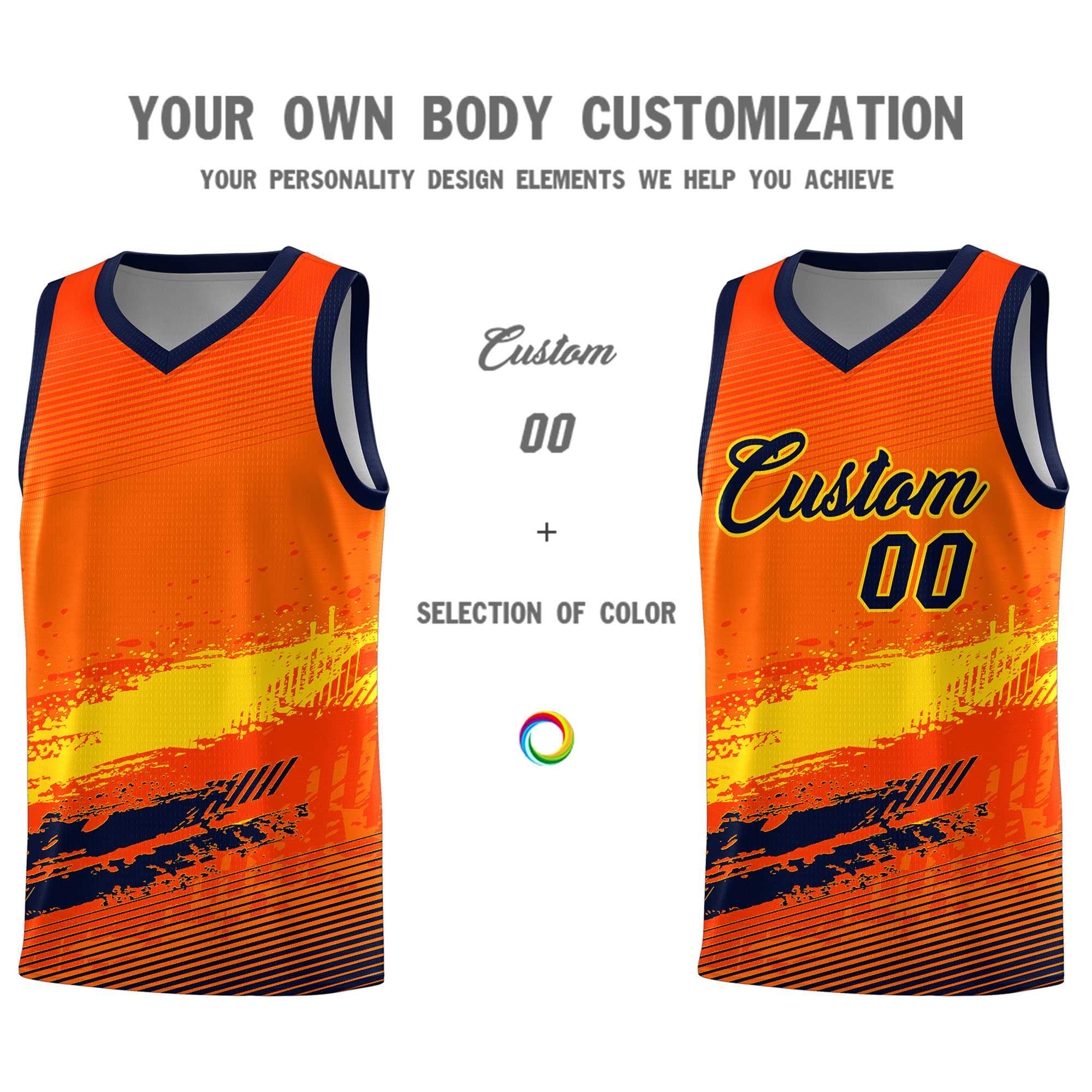 Custom Orange Gold and Navy Graffiti Pattern Sports Uniform Basketball Jersey