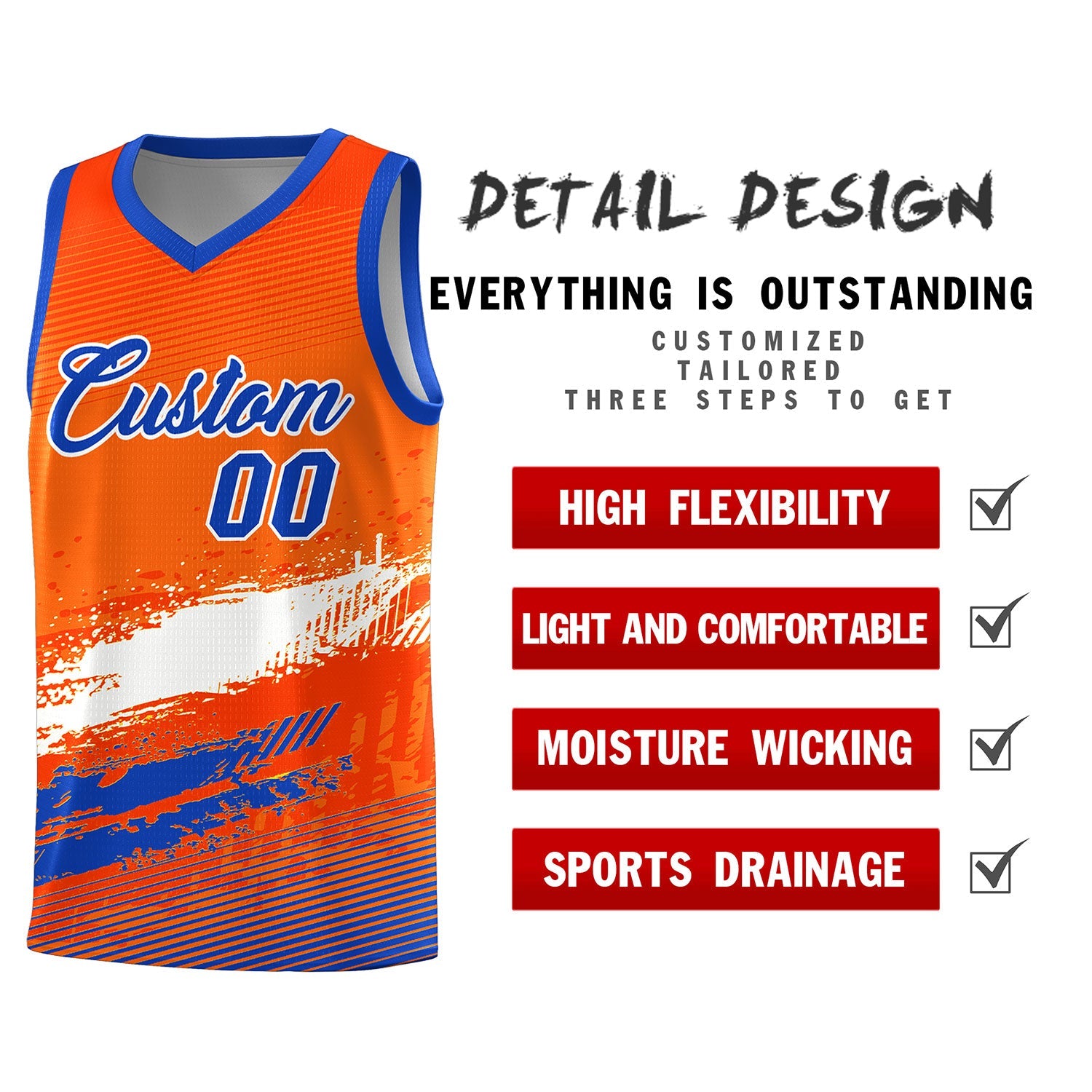 Custom Orange White and Royal Graffiti Pattern Sports Uniform Basketball Jersey