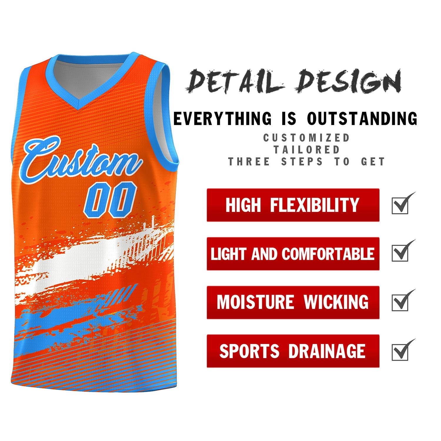 Custom Orange White and Powder Blue Graffiti Pattern Sports Uniform Basketball Jersey