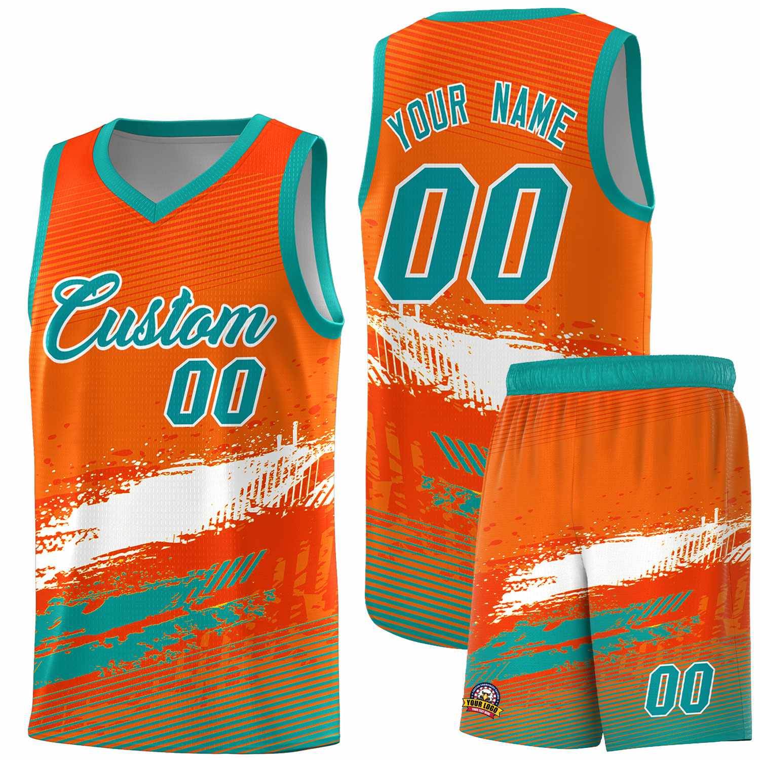 Custom Orange White and Aqua Graffiti Pattern Sports Uniform Basketball Jersey