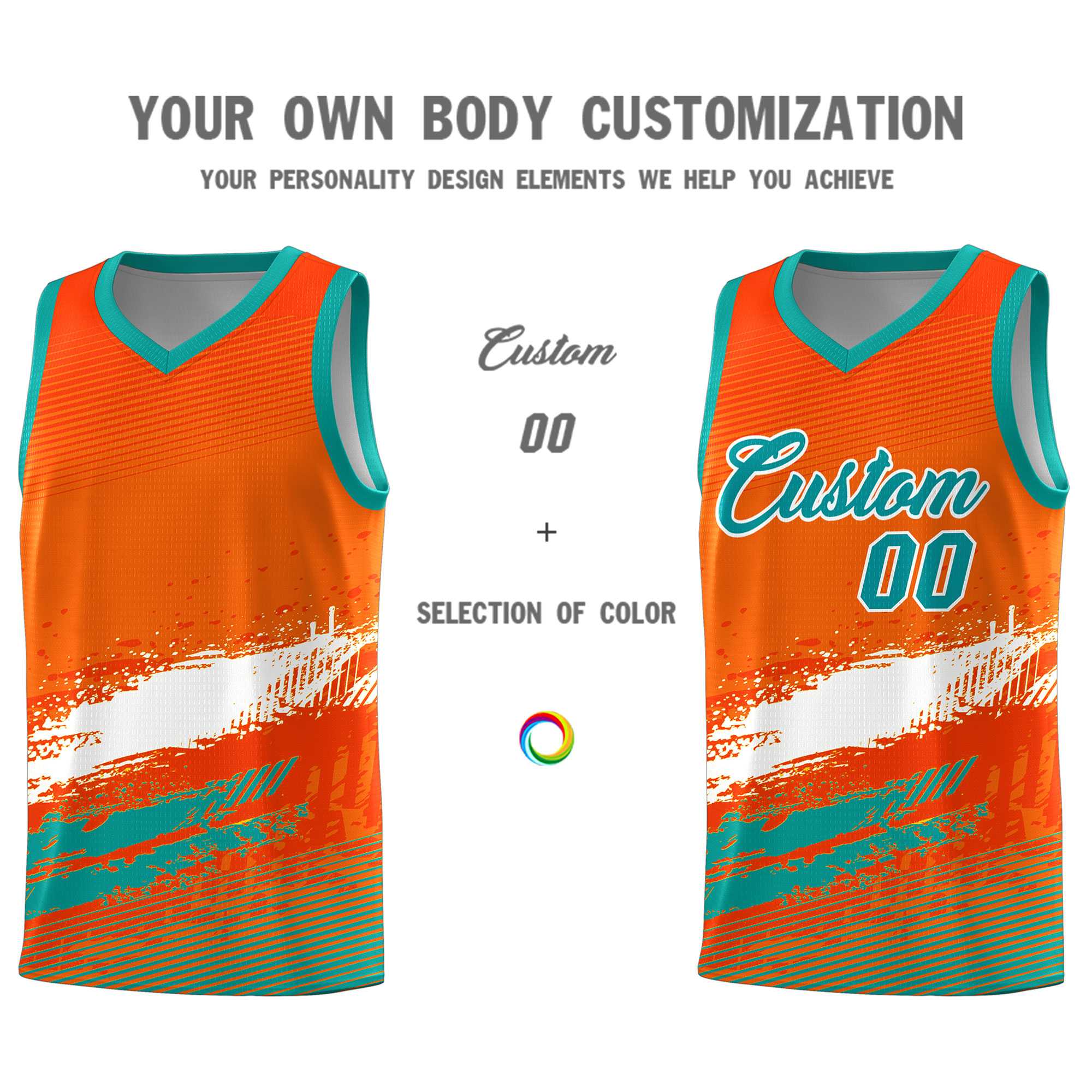 Custom Orange White and Aqua Graffiti Pattern Sports Uniform Basketball Jersey