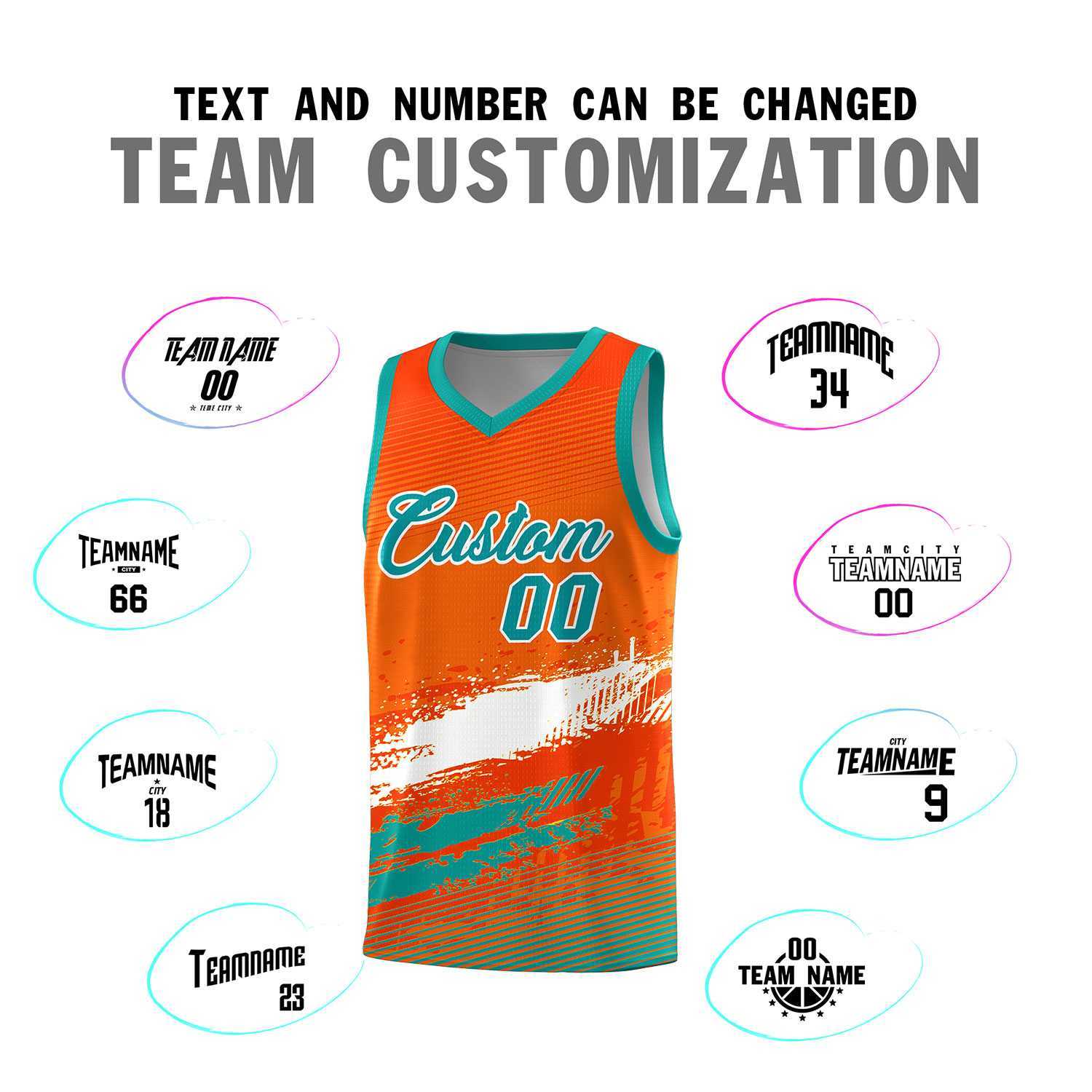 Custom Orange White and Aqua Graffiti Pattern Sports Uniform Basketball Jersey