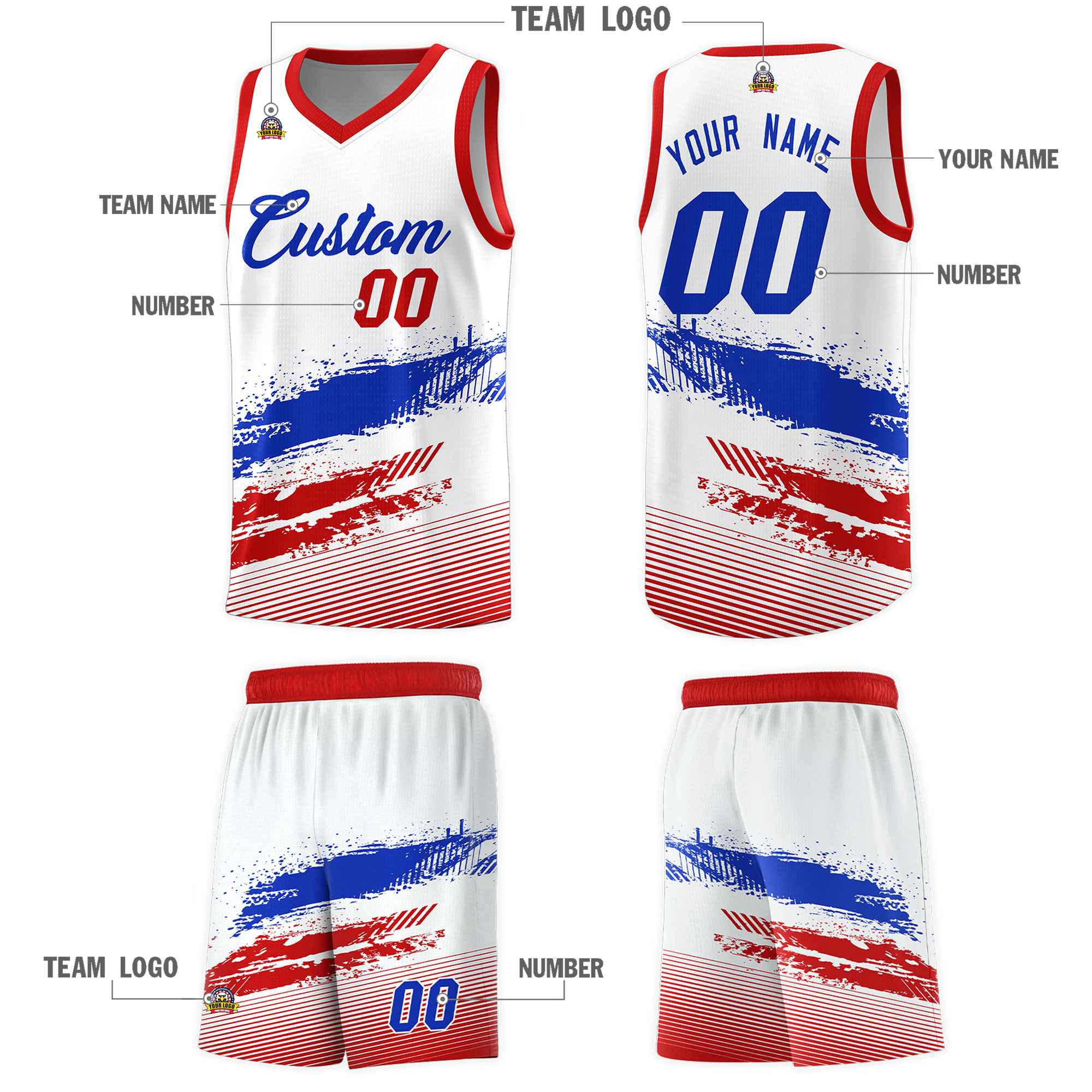 Custom White Royal and Red Graffiti Pattern Sports Uniform Basketball Jersey