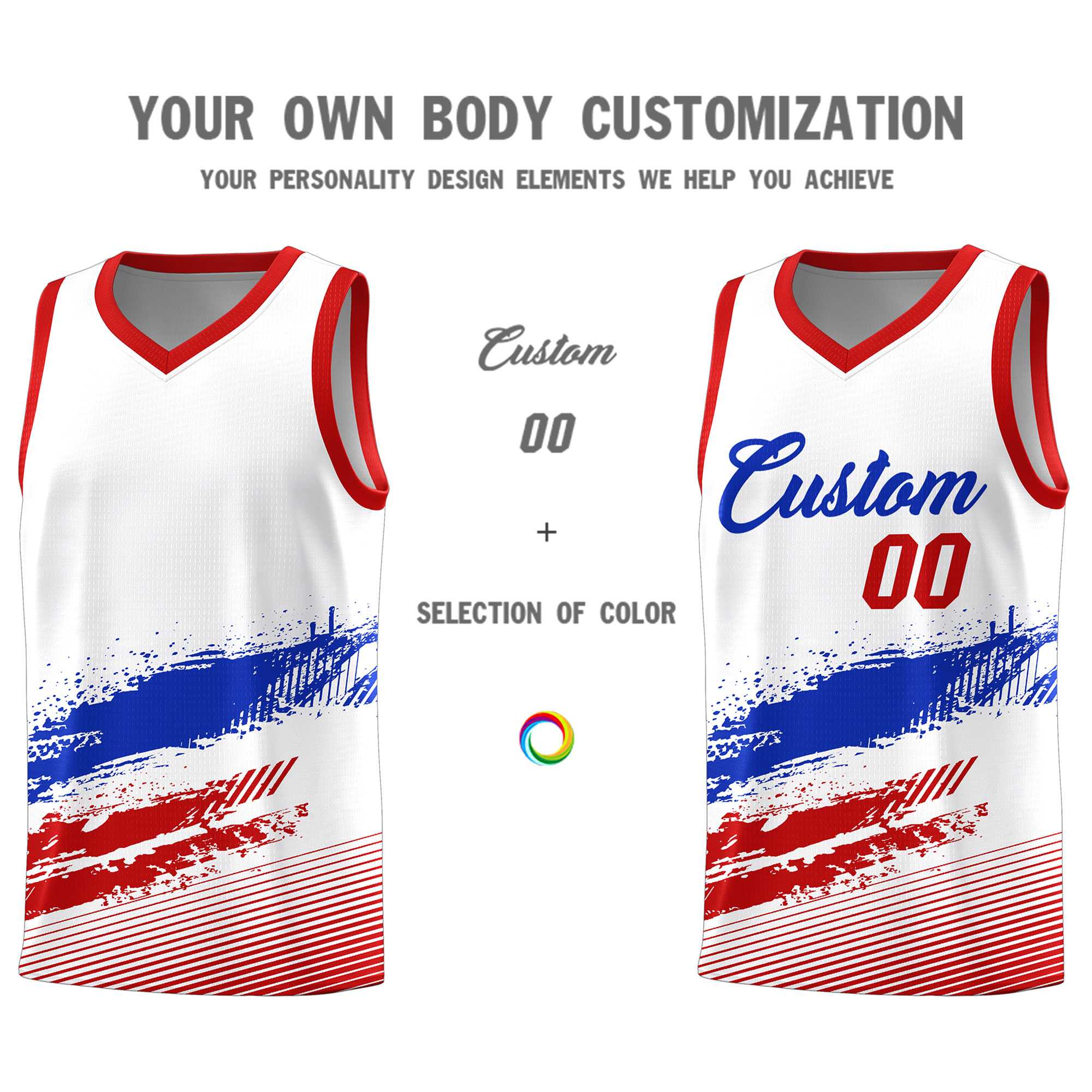 Custom White Royal and Red Graffiti Pattern Sports Uniform Basketball Jersey