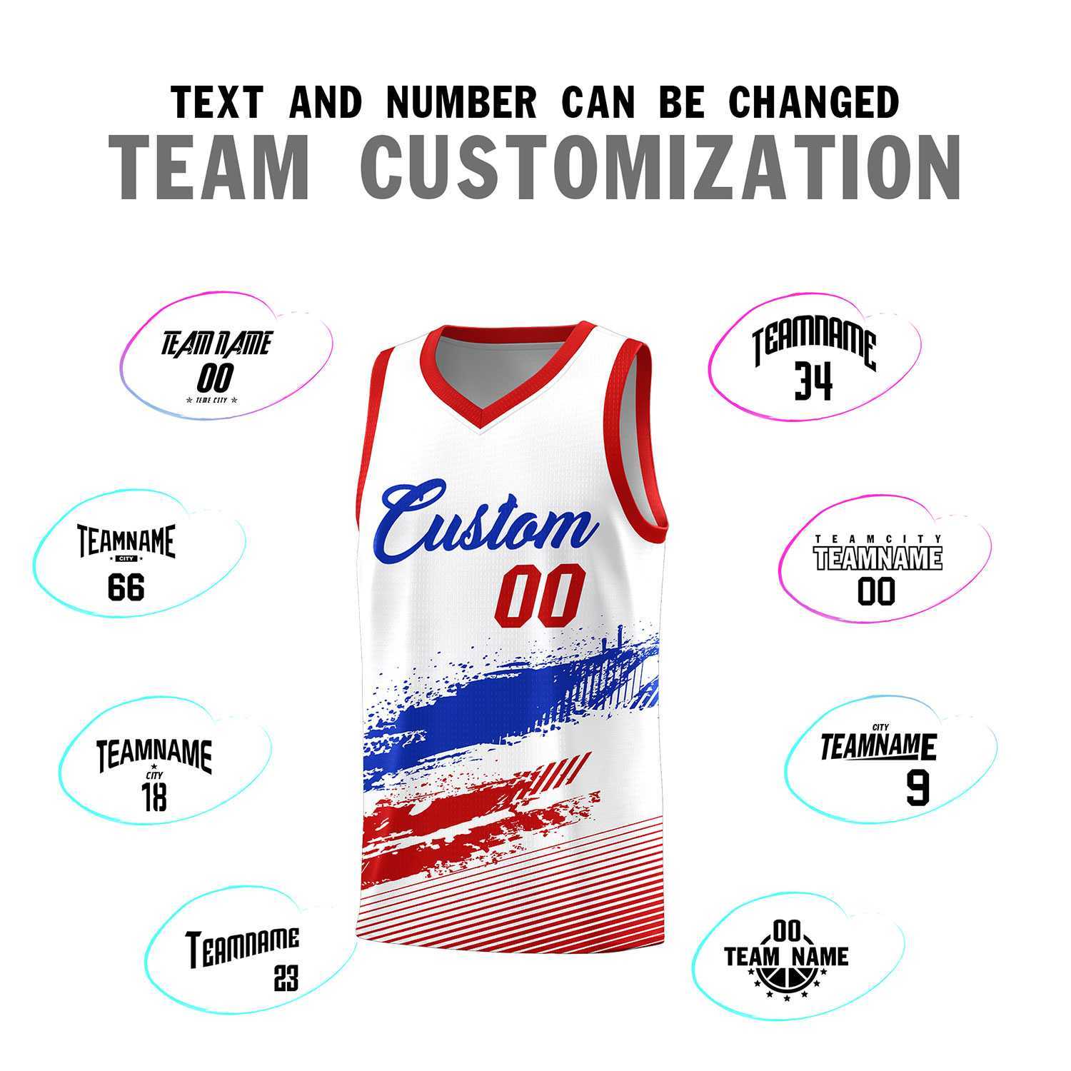 Custom White Royal and Red Graffiti Pattern Sports Uniform Basketball Jersey