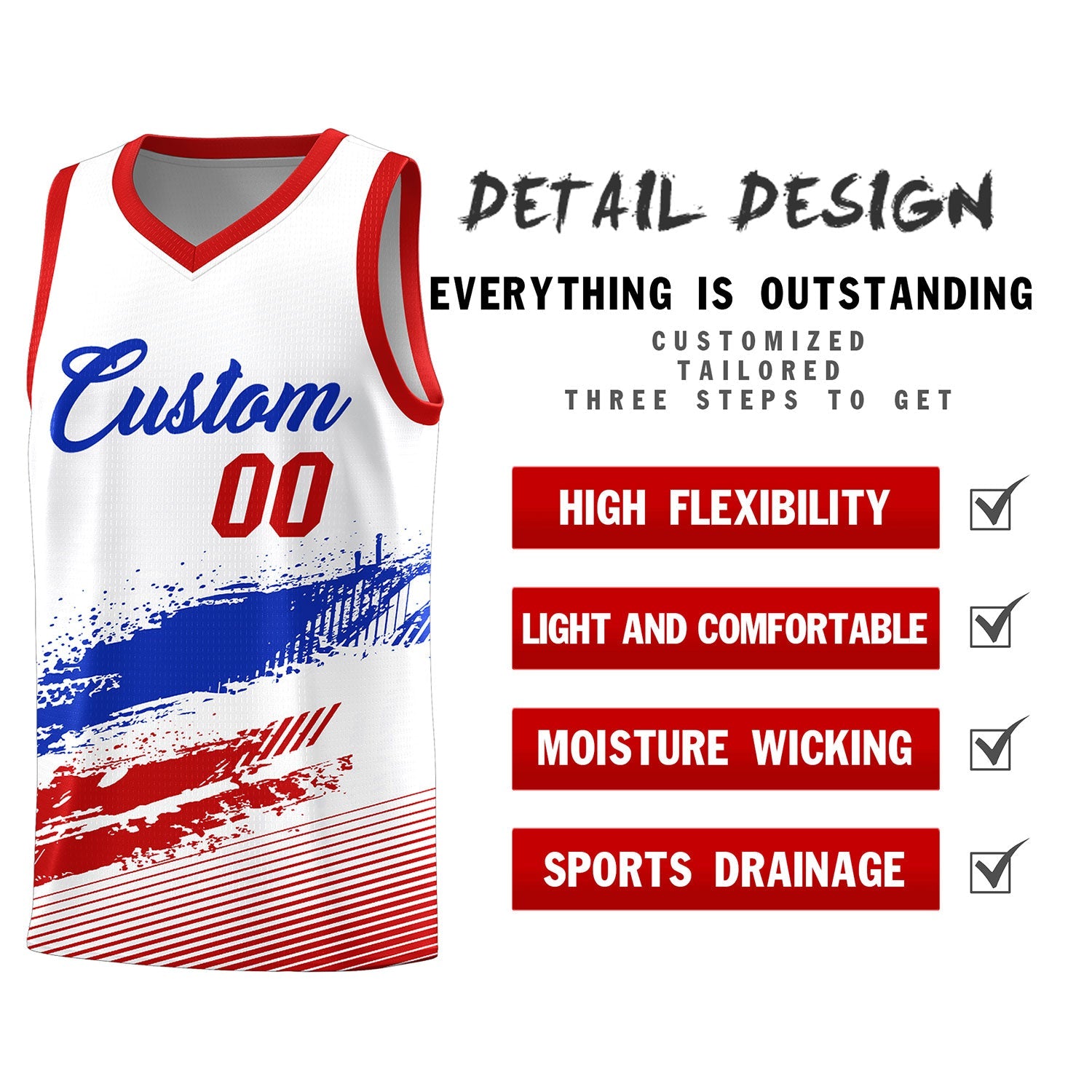 Custom White Royal and Red Graffiti Pattern Sports Uniform Basketball Jersey