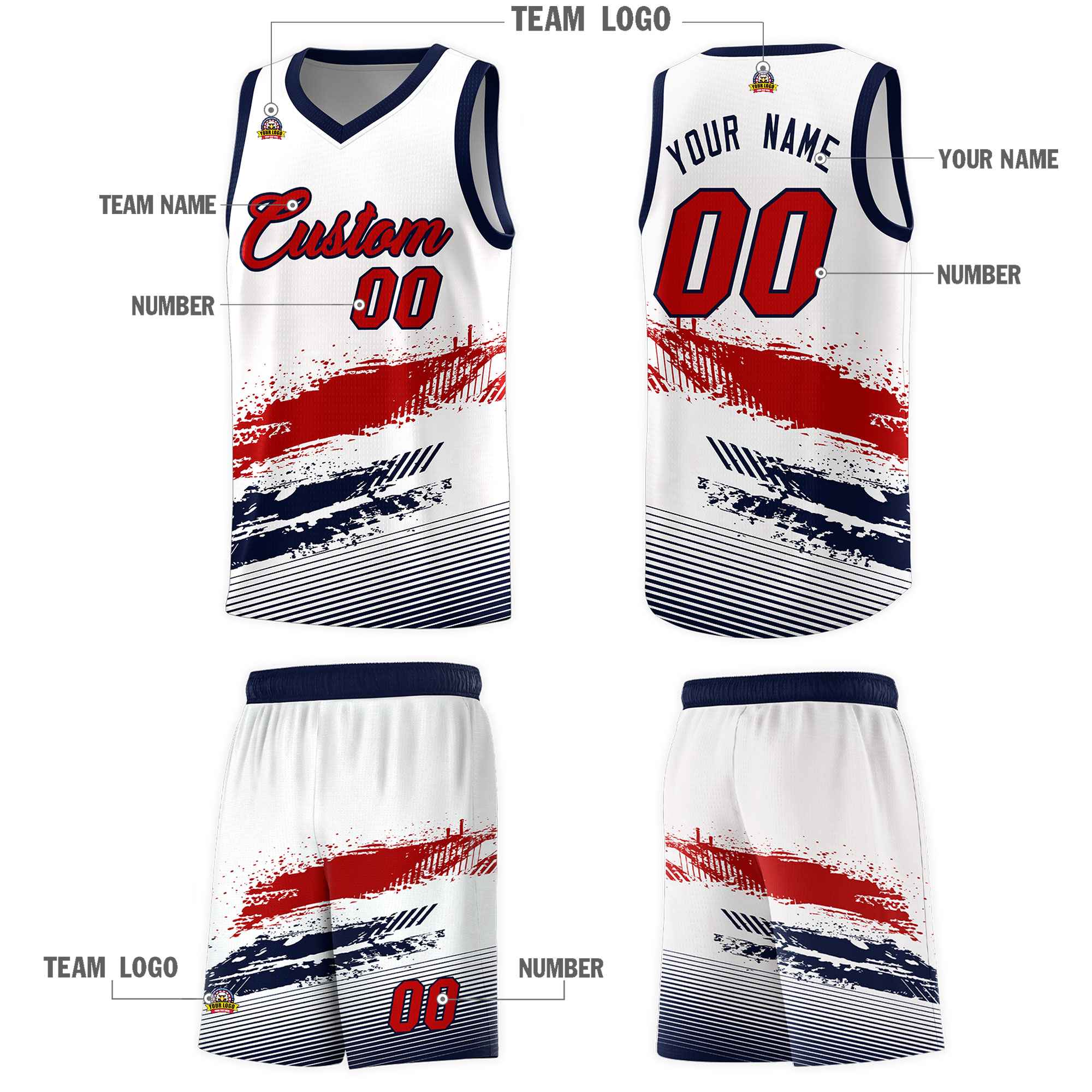 Custom White Red and Navy Graffiti Pattern Sports Uniform Basketball Jersey