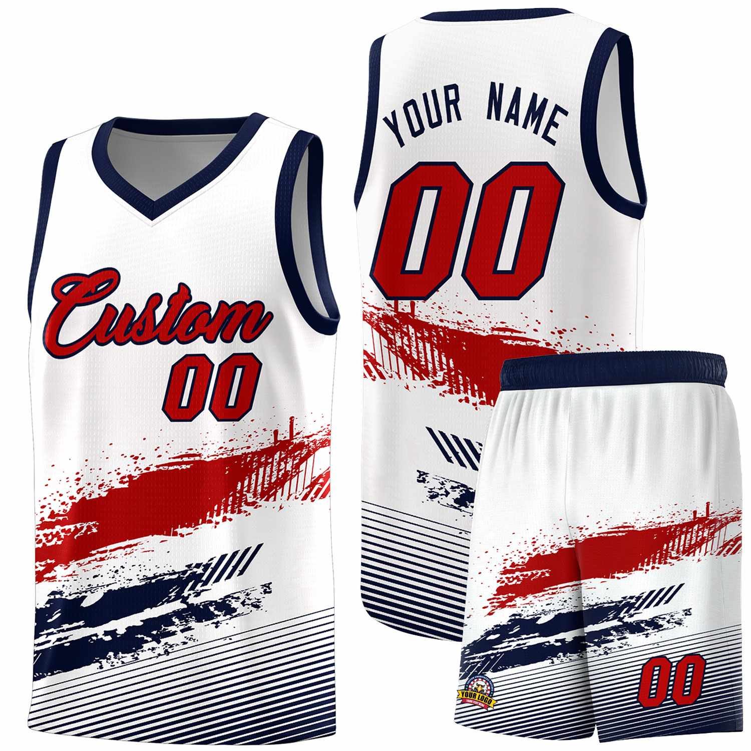 Custom White Red and Navy Graffiti Pattern Sports Uniform Basketball Jersey