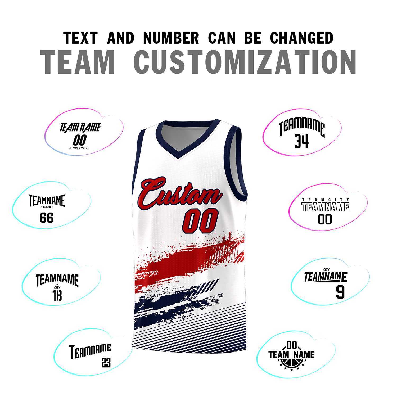 Custom White Red and Navy Graffiti Pattern Sports Uniform Basketball Jersey