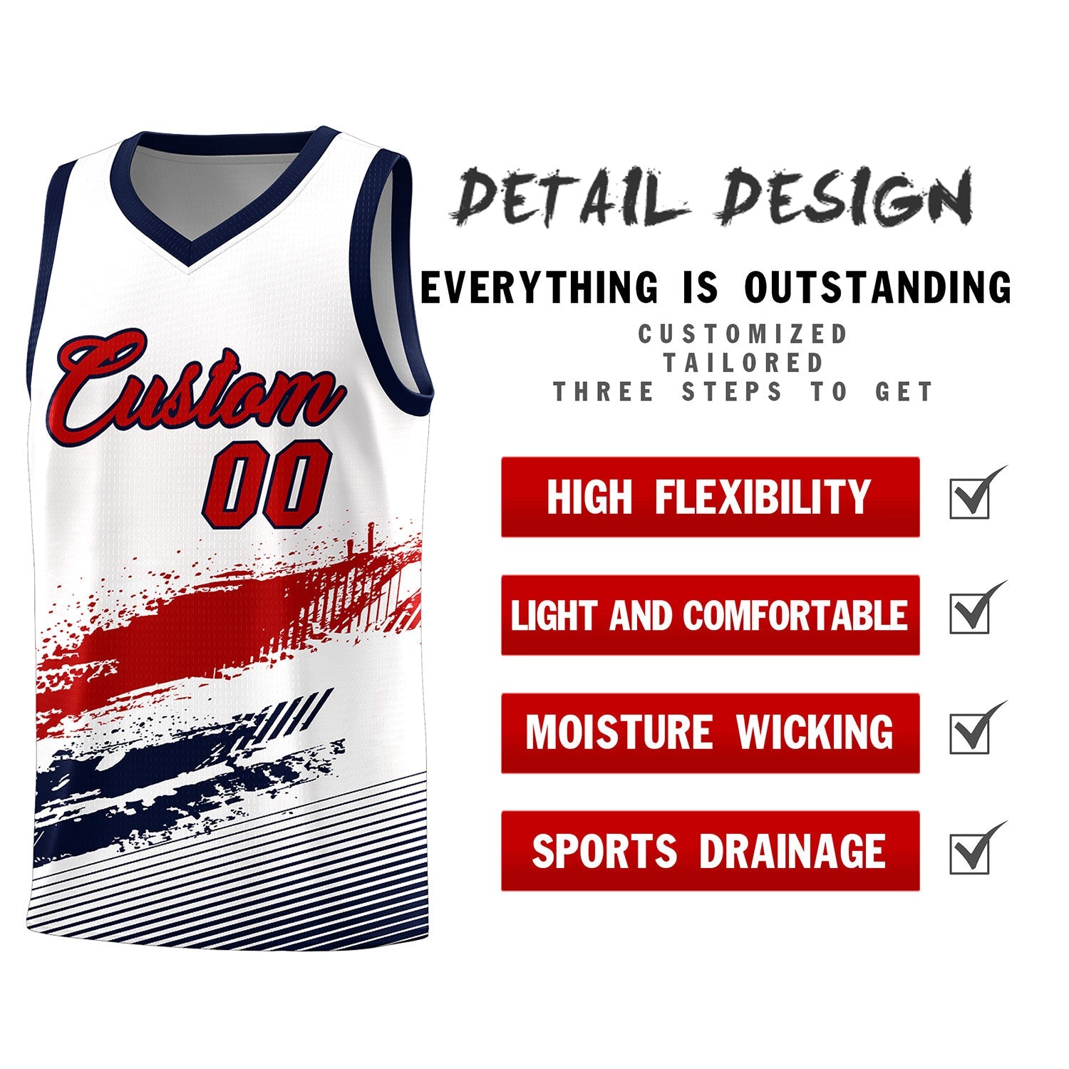 Custom White Red and Navy Graffiti Pattern Sports Uniform Basketball Jersey